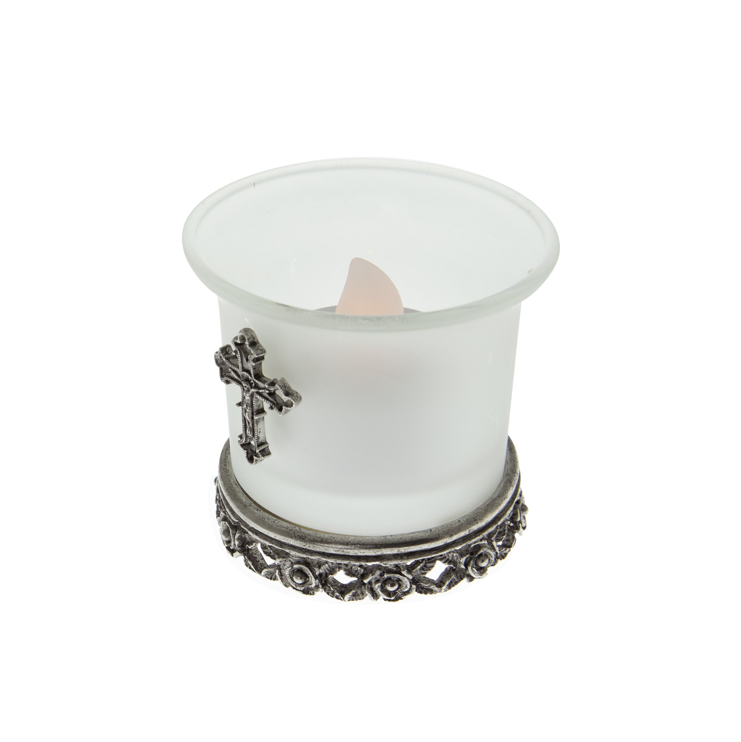 Symbols Of Faith Frosted Glass Crucifix Rose Base Candle Holder With Tea Light LED
