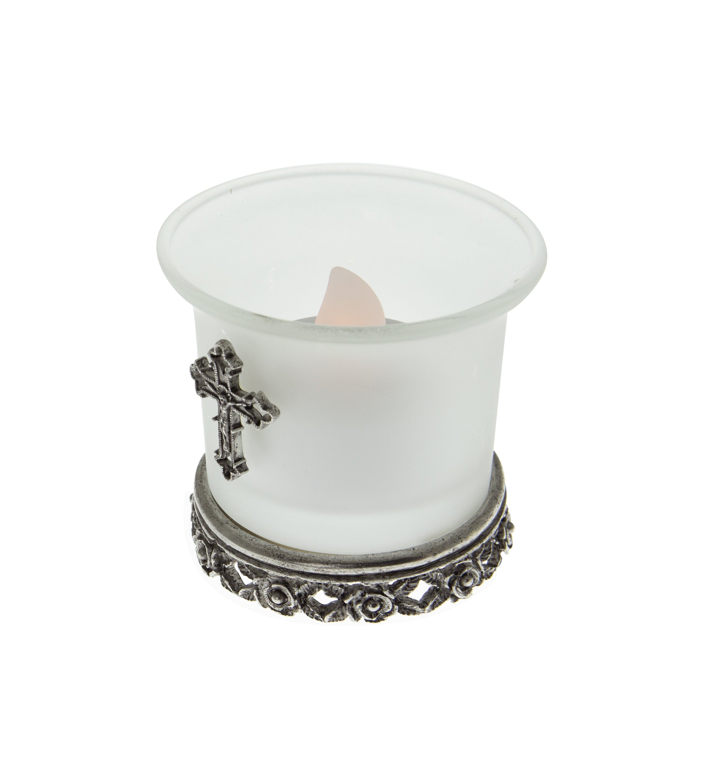 Symbols Of Faith Frosted Glass Crucifix Rose Base Candle Holder With Tea Light LED