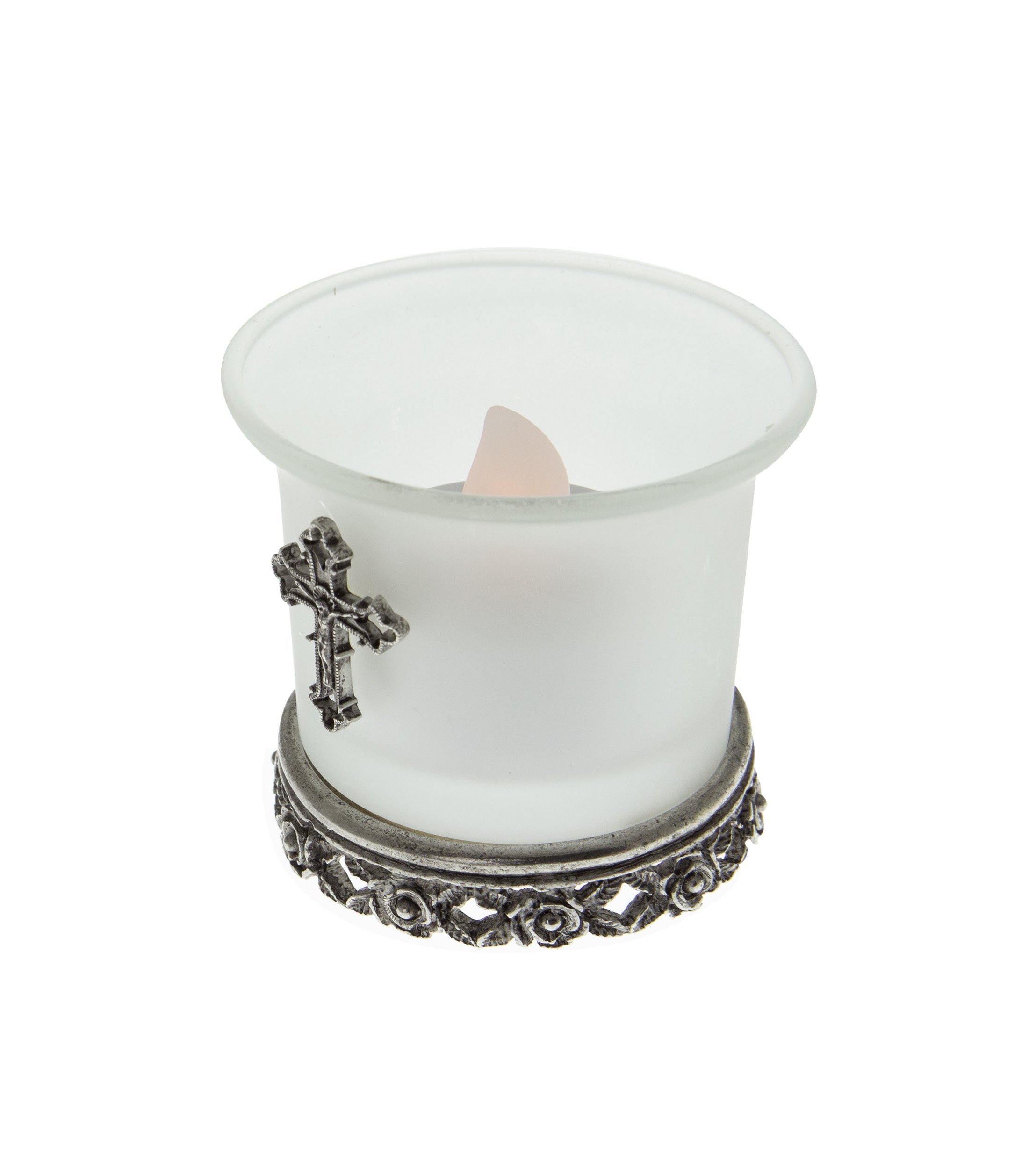 Symbols Of Faith Frosted Glass Crucifix Rose Base Candle Holder With Tea Light LED