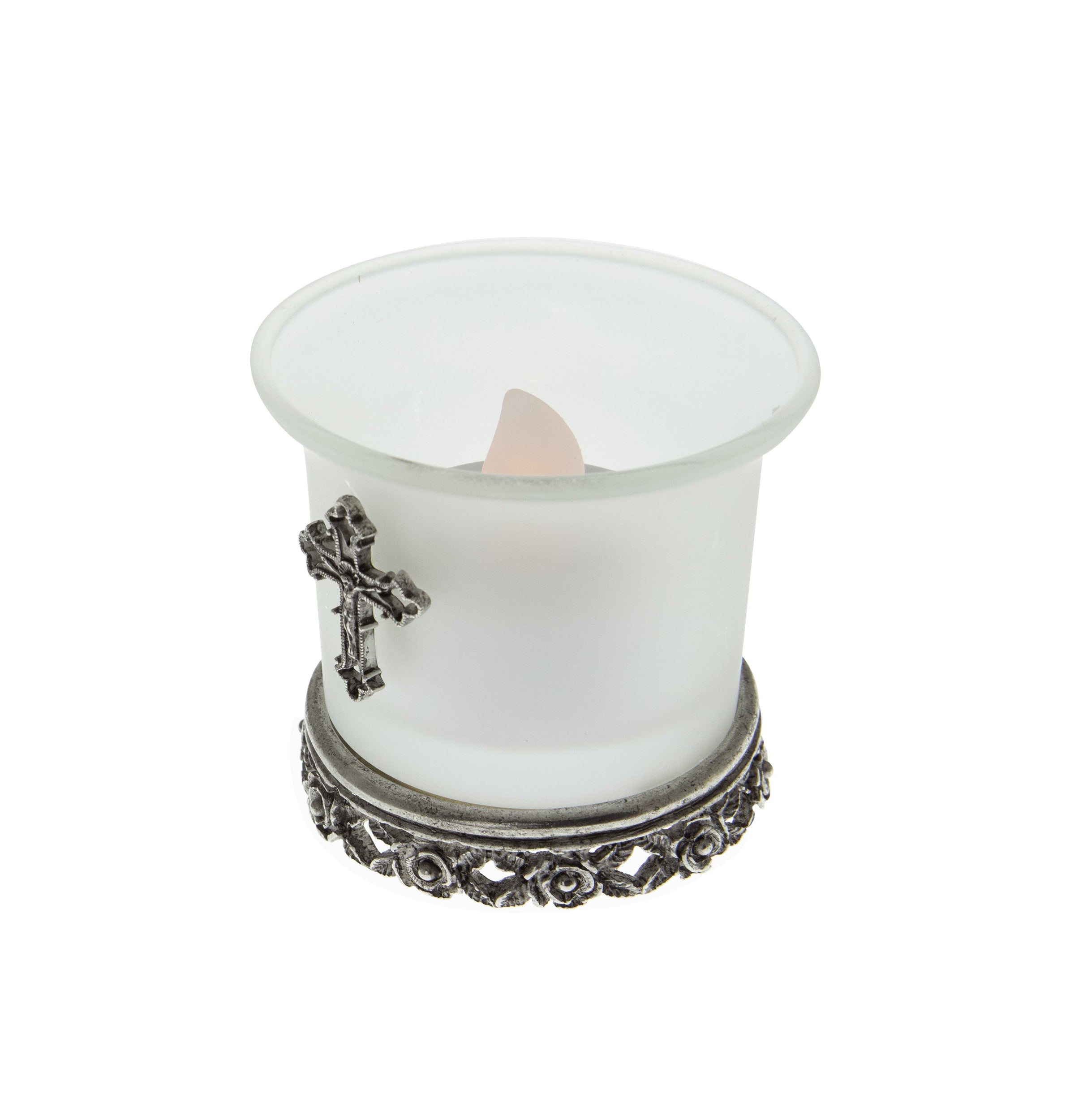 Symbols Of Faith Frosted Glass Crucifix Rose Base Candle Holder With Tea Light LED