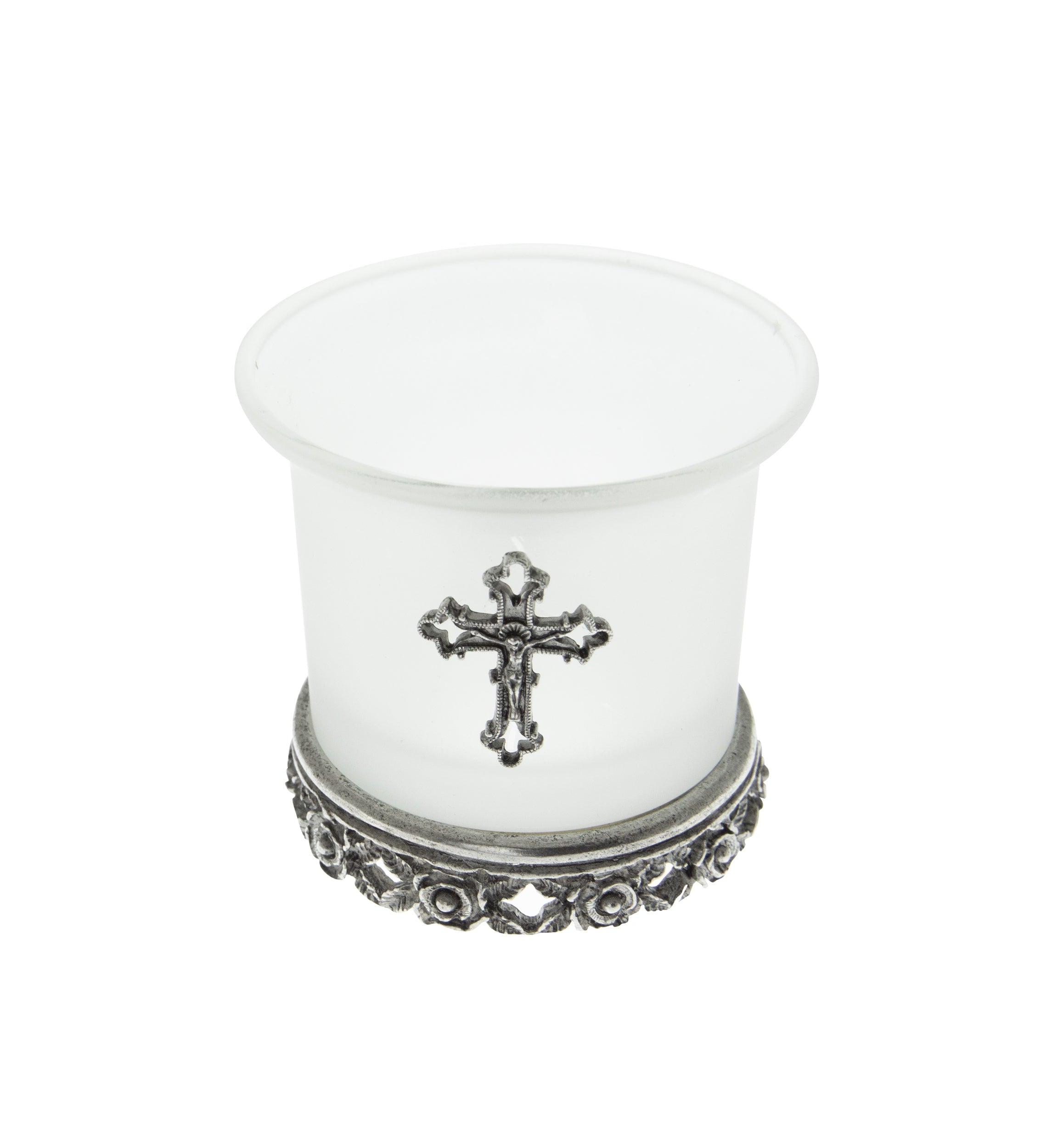 Symbols Of Faith Frosted Glass Crucifix Rose Base Candle Holder With Tea Light LED