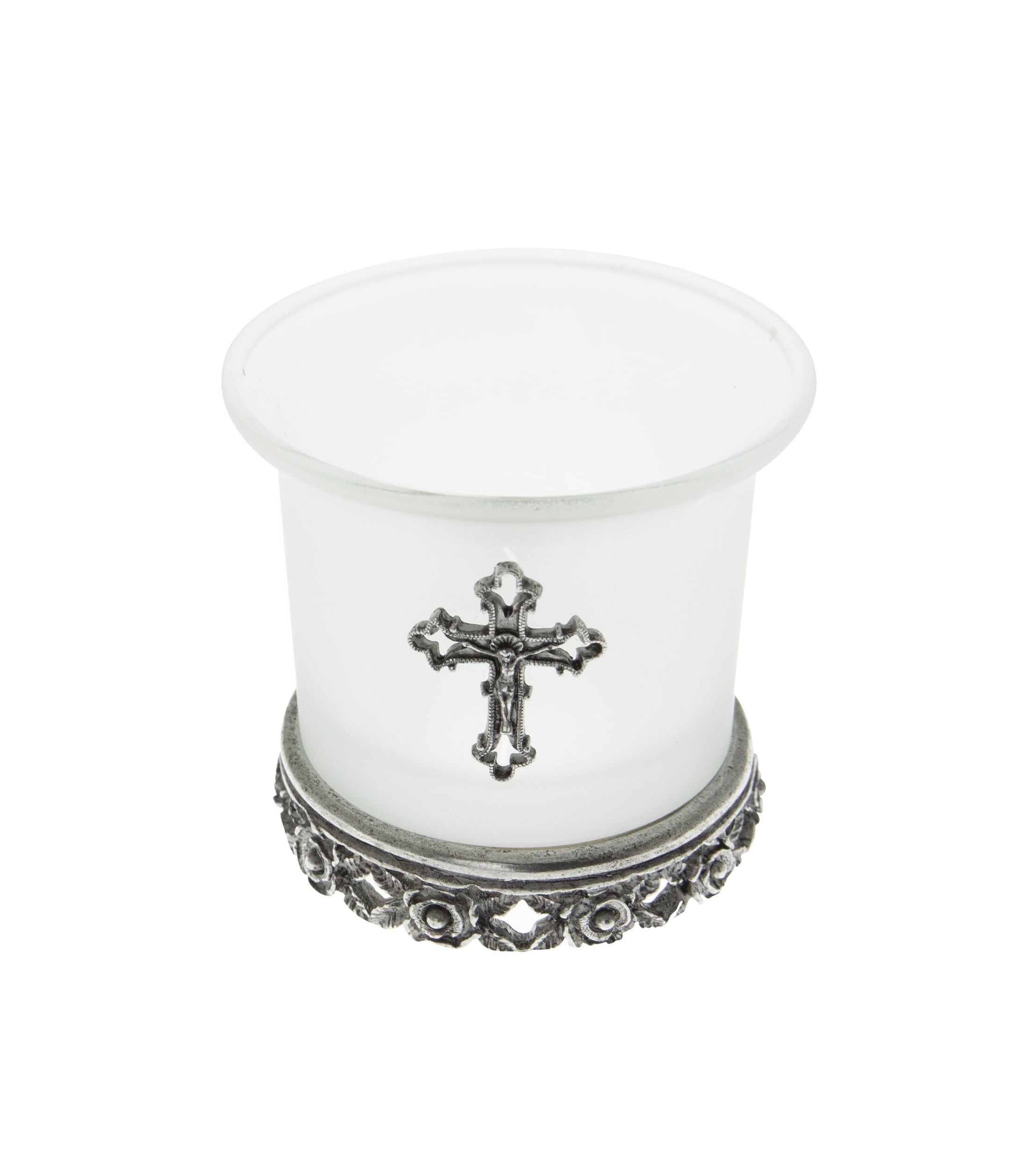 Symbols Of Faith Frosted Glass Crucifix Rose Base Candle Holder With Tea Light LED