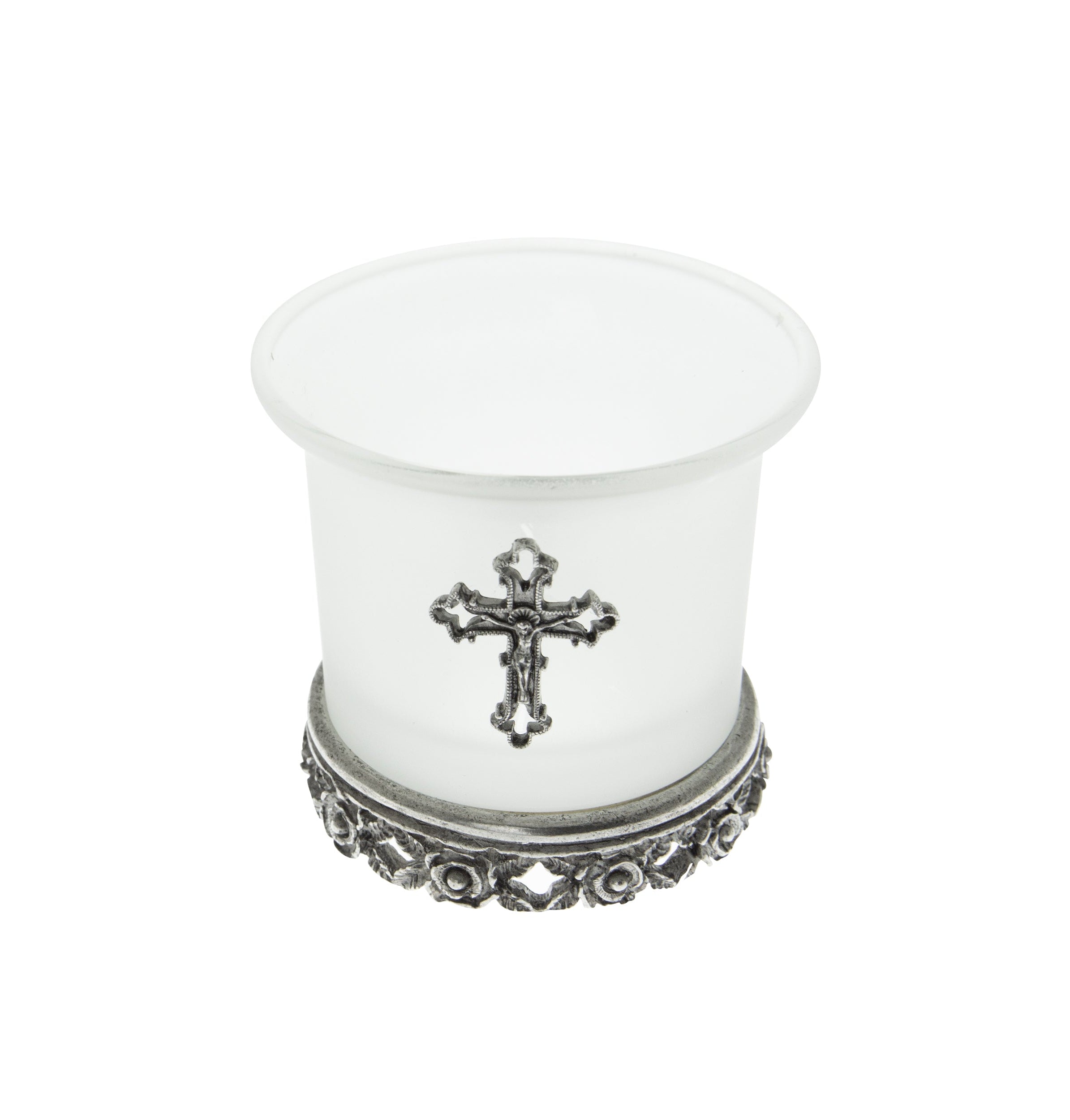 Symbols Of Faith Frosted Glass Crucifix Rose Base Candle Holder With Tea Light LED
