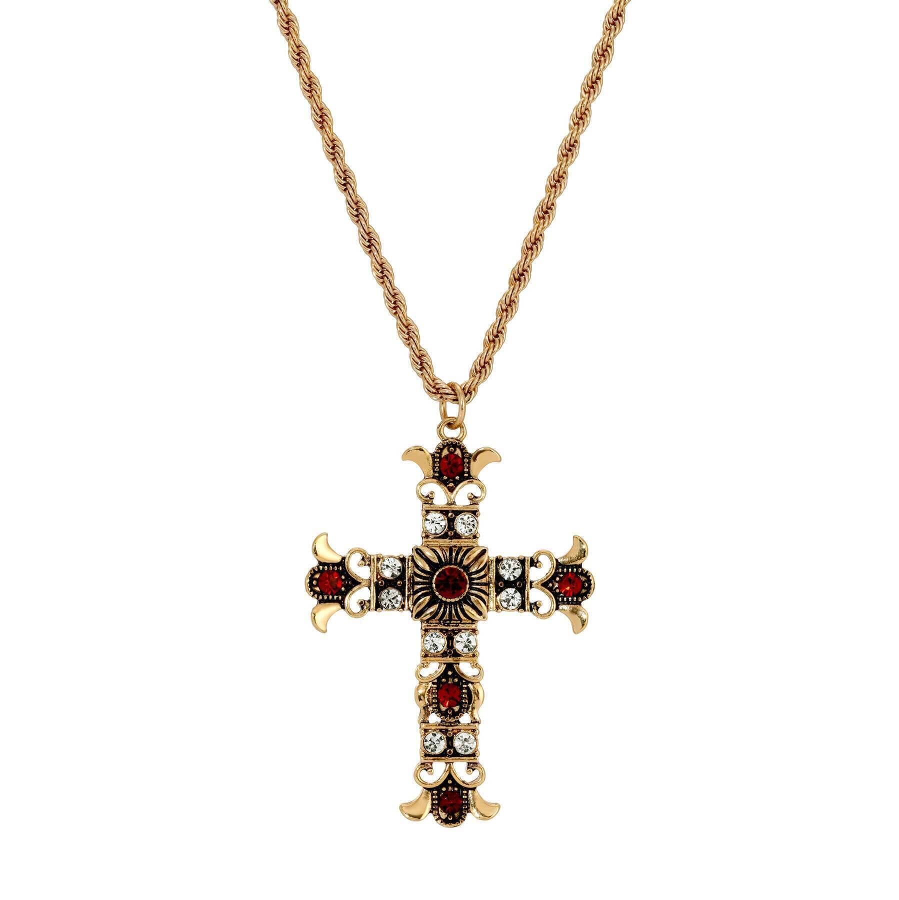 Symbols Of Faith Royal Clear And Red Crystal Cross Pendant Necklace 16" + 3" Extension