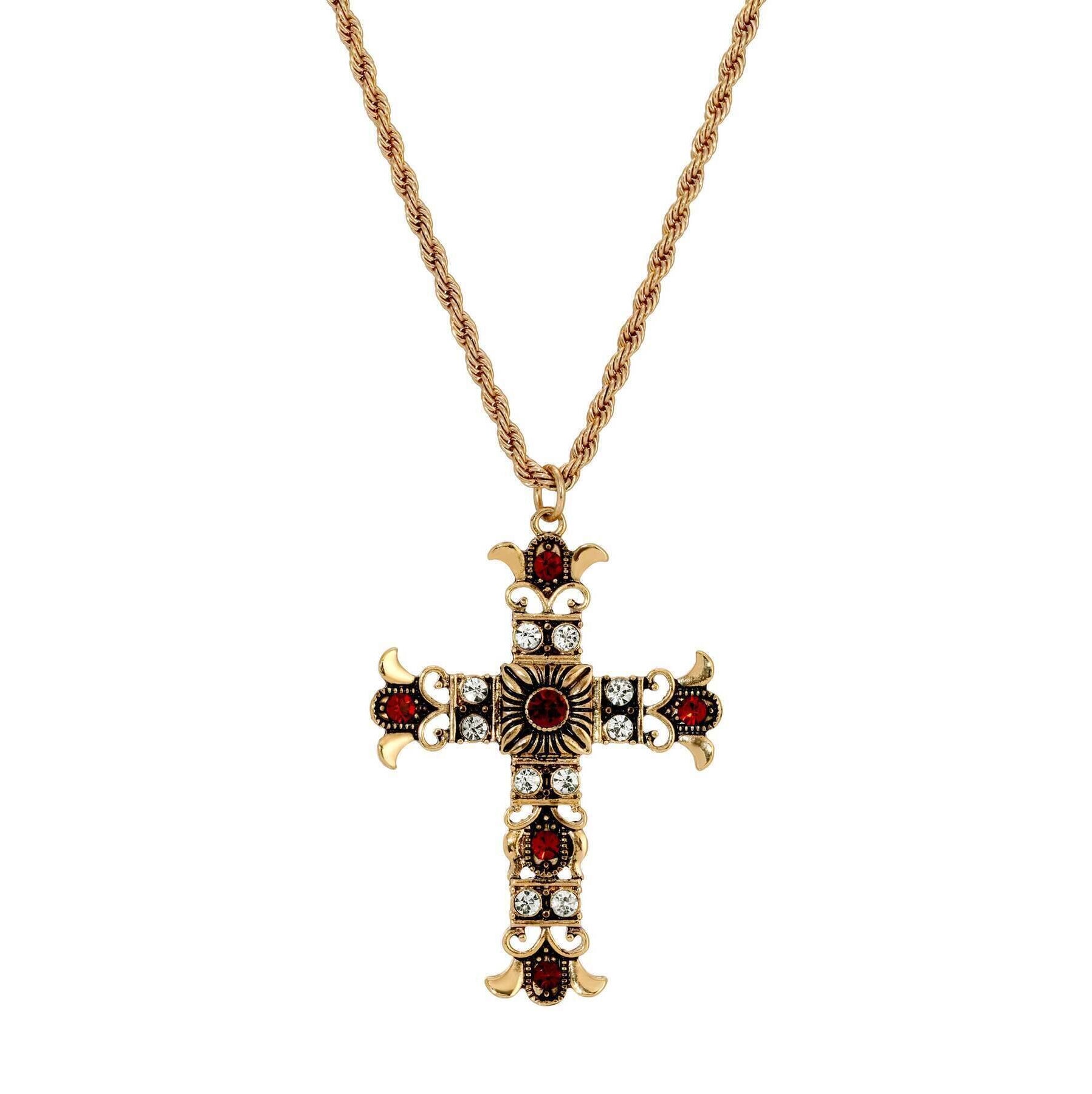 Symbols Of Faith Royal Clear And Red Crystal Cross Pendant Necklace 16" + 3" Extension
