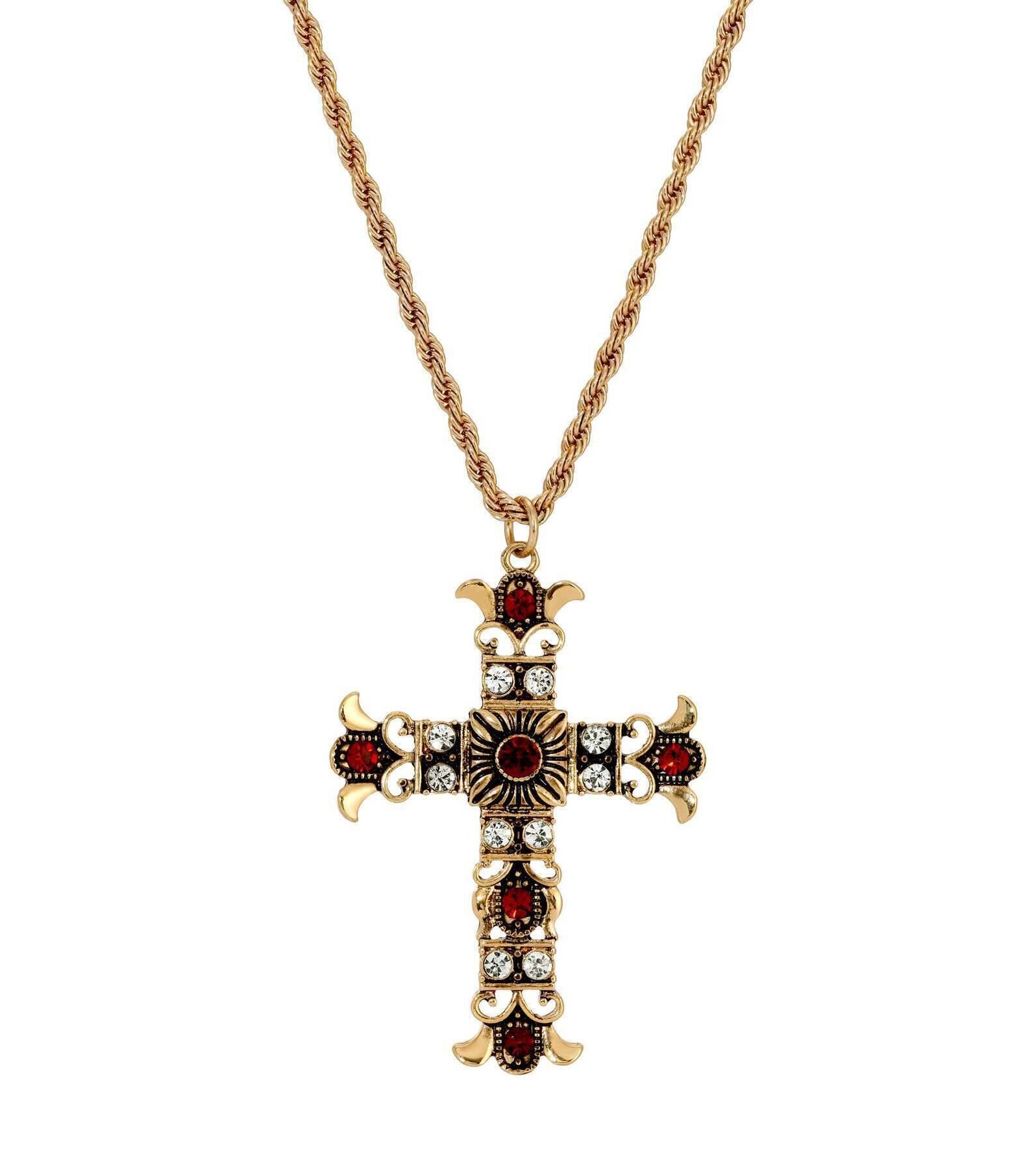Symbols Of Faith Royal Clear And Red Crystal Cross Pendant Necklace 16" + 3" Extension