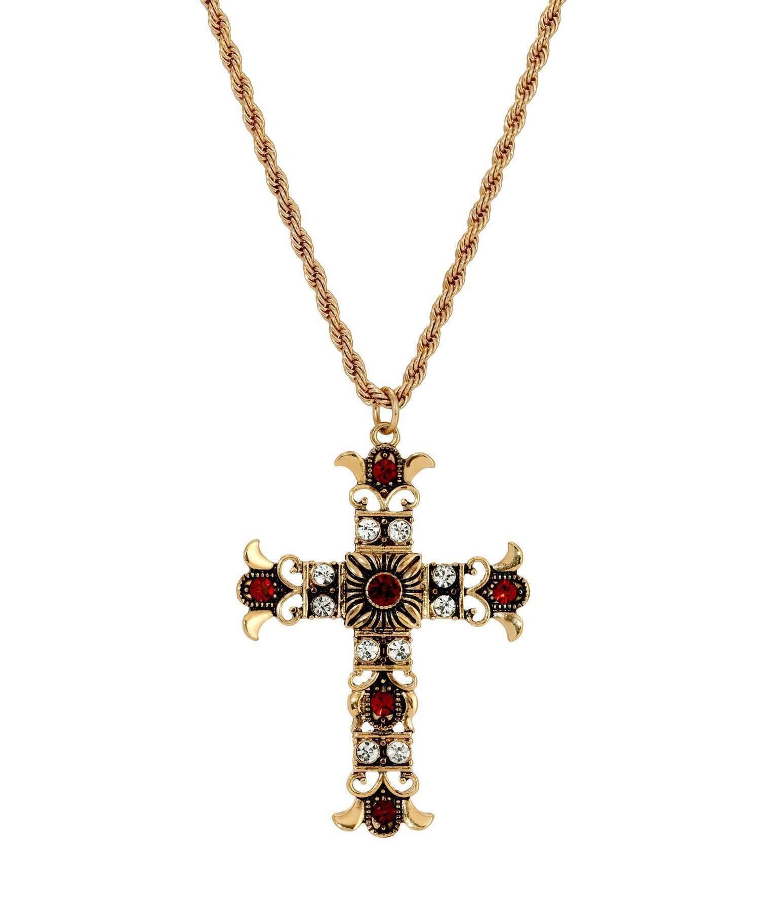 Symbols Of Faith Royal Clear And Red Crystal Cross Pendant Necklace 16" + 3" Extension