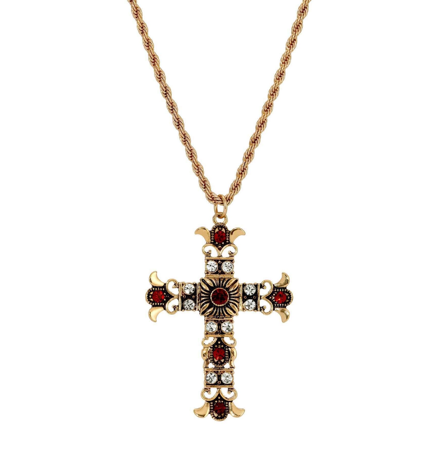 Symbols Of Faith Royal Clear And Red Crystal Cross Pendant Necklace 16" + 3" Extension