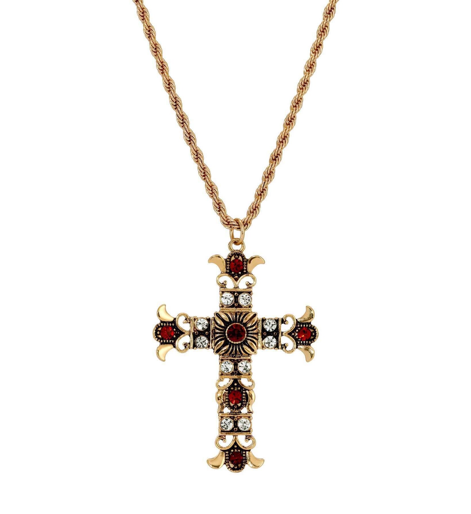 Symbols Of Faith Royal Clear And Red Crystal Cross Pendant Necklace 16" + 3" Extension