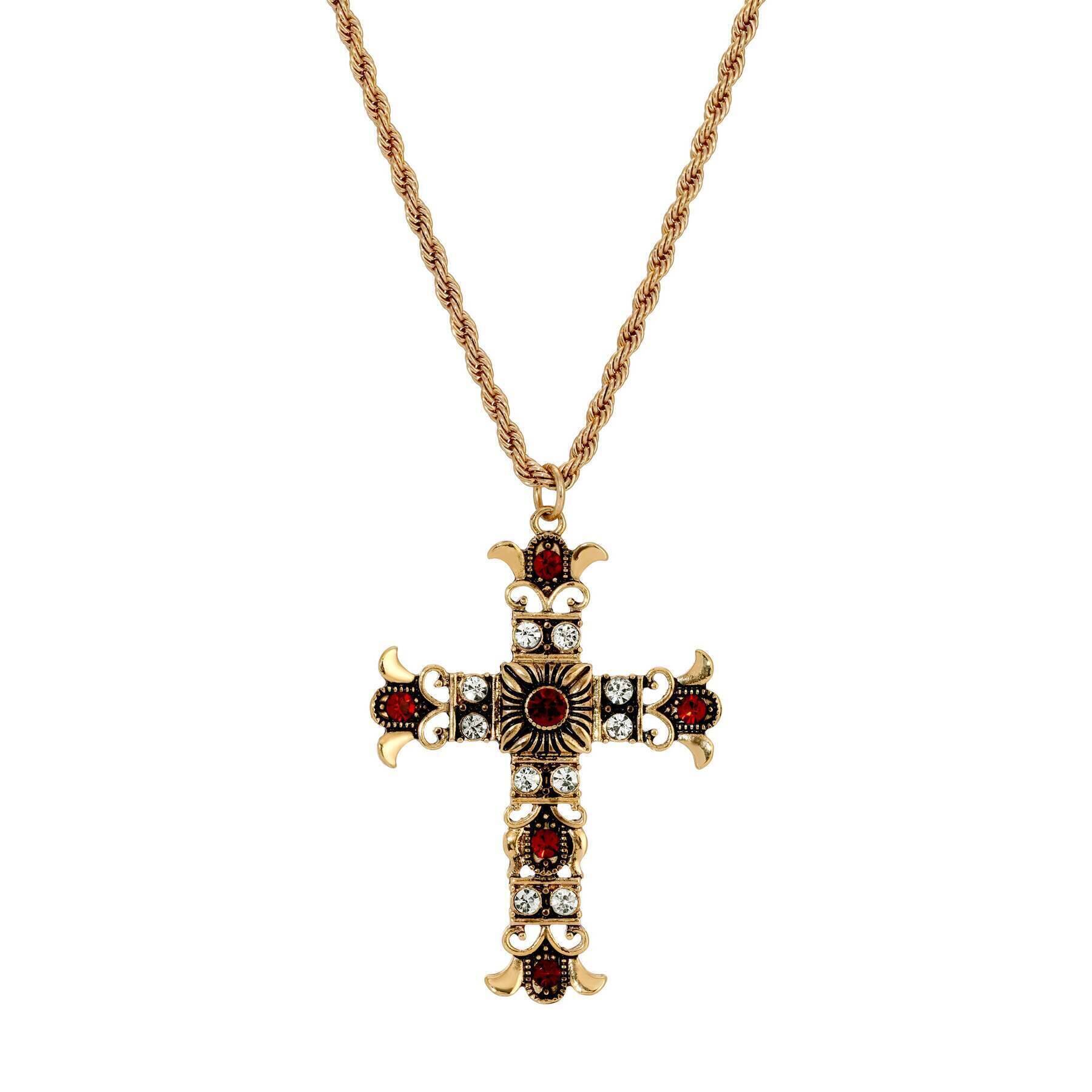 Symbols Of Faith Royal Clear And Red Crystal Cross Pendant Necklace 16" + 3" Extension