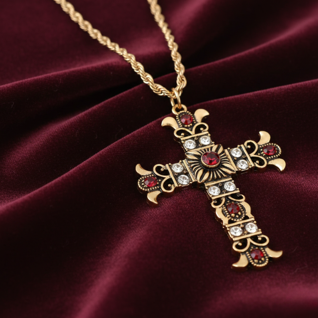 Gold cross necklace with red and clear gemstones on a burgundy fabric background