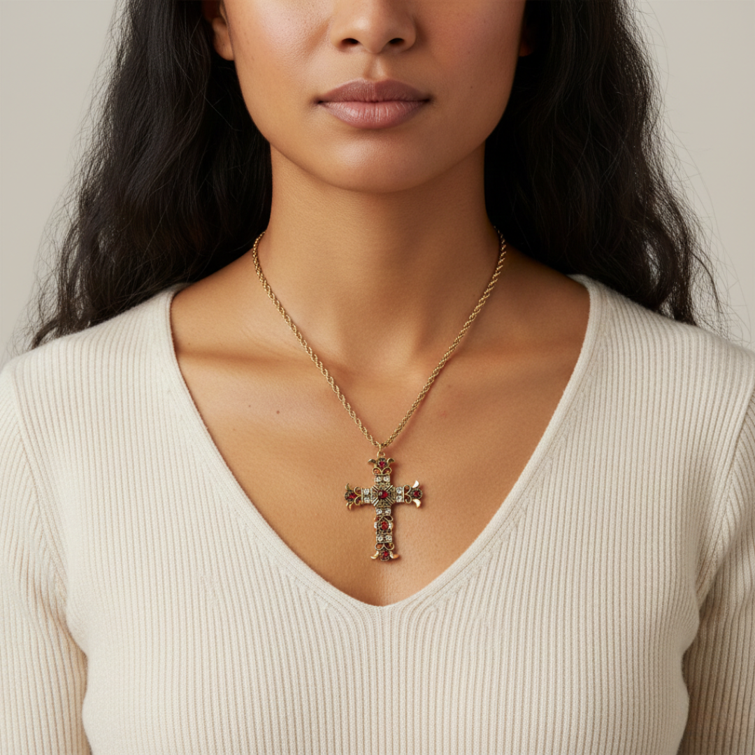 Woman wearing a gold necklace with a cross pendant on a neutral background
