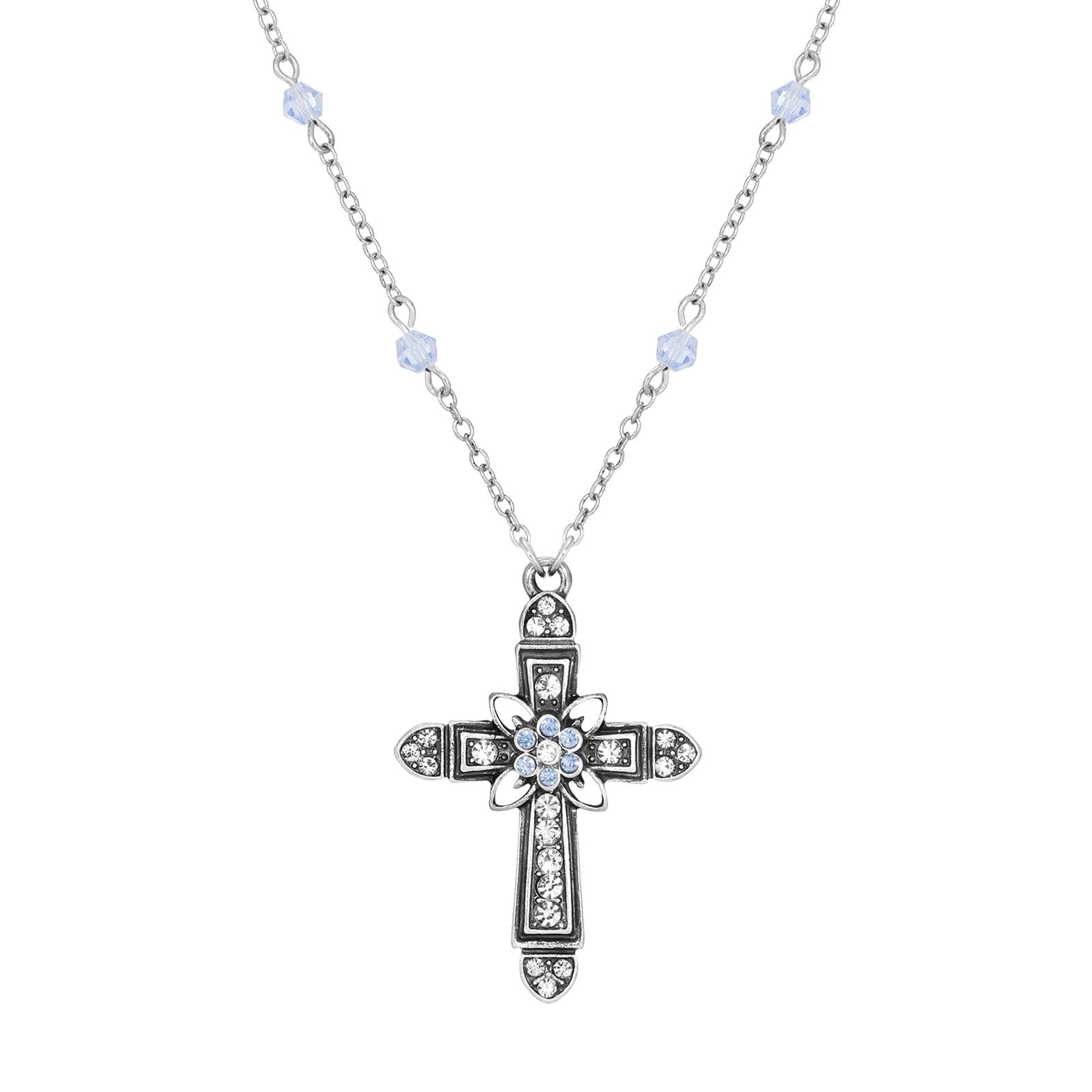 Symbols Of Faith Floral Cross Crystal Pendant Necklace 16" + 3" Extension