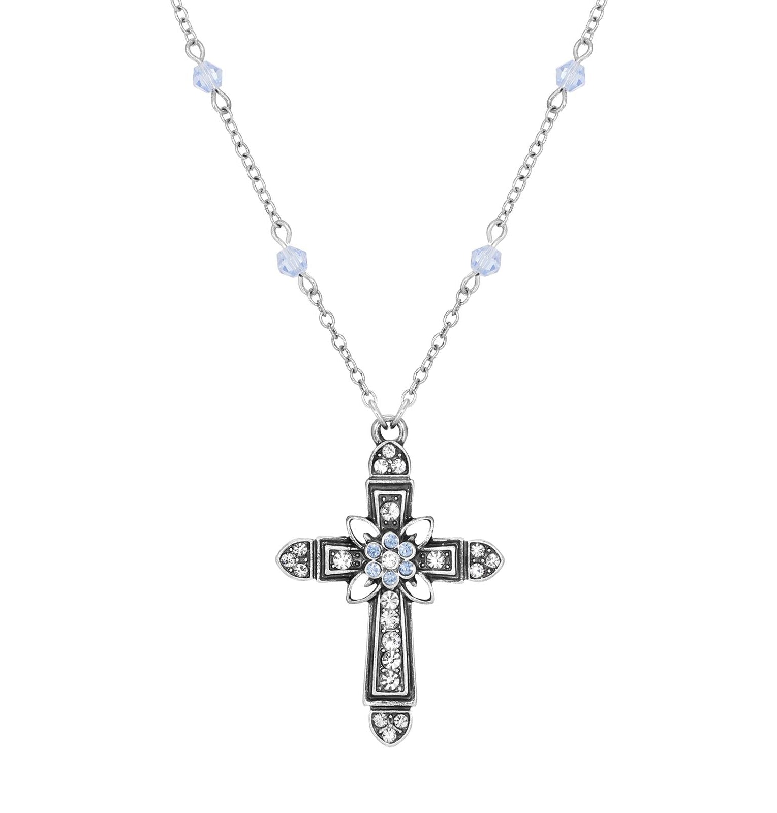 Symbols Of Faith Floral Cross Crystal Pendant Necklace 16" + 3" Extension