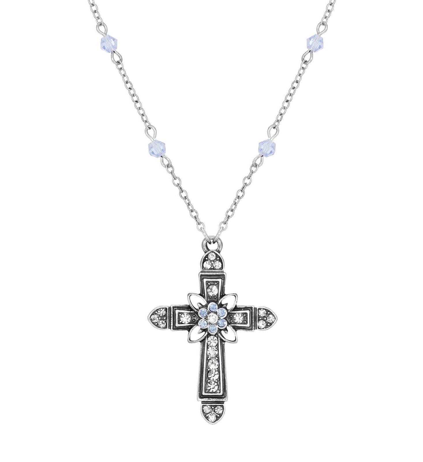 Symbols Of Faith Floral Cross Crystal Pendant Necklace 16" + 3" Extension