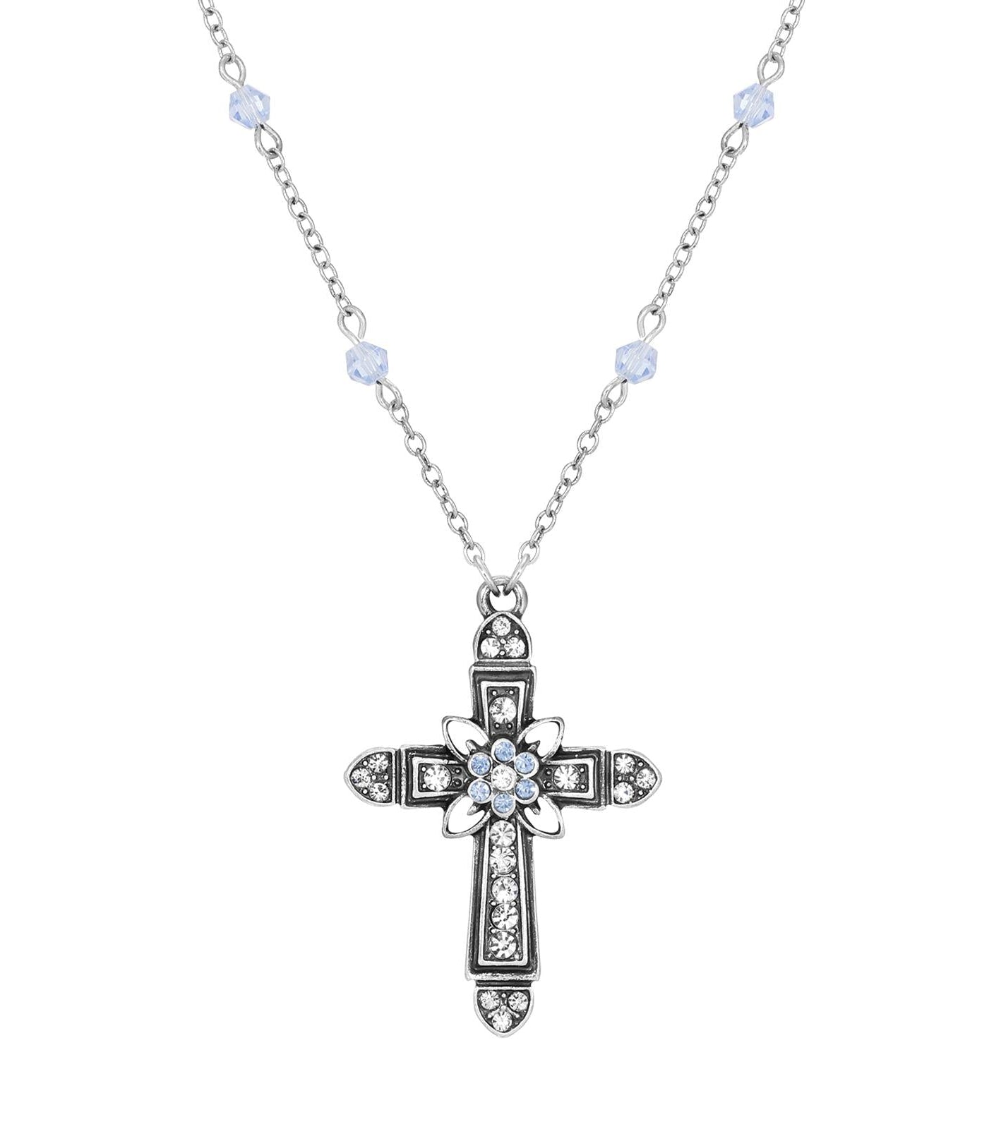 Symbols Of Faith Floral Cross Crystal Pendant Necklace 16" + 3" Extension