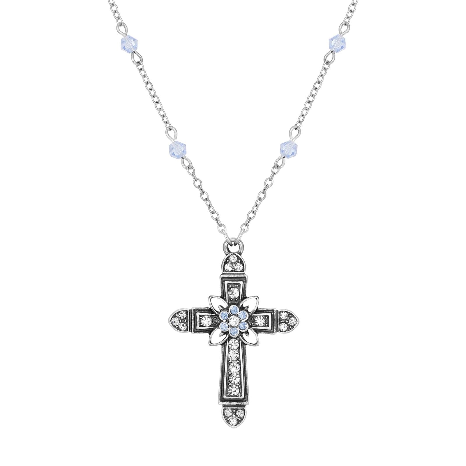 Symbols Of Faith Floral Cross Crystal Pendant Necklace 16" + 3" Extension
