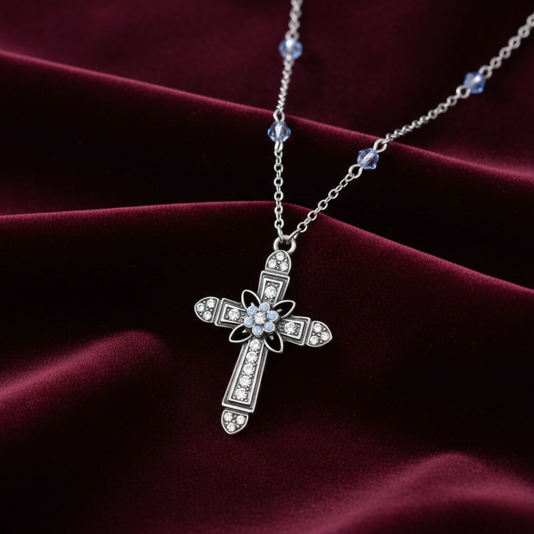 Silver cross necklace with floral design on a burgundy fabric background