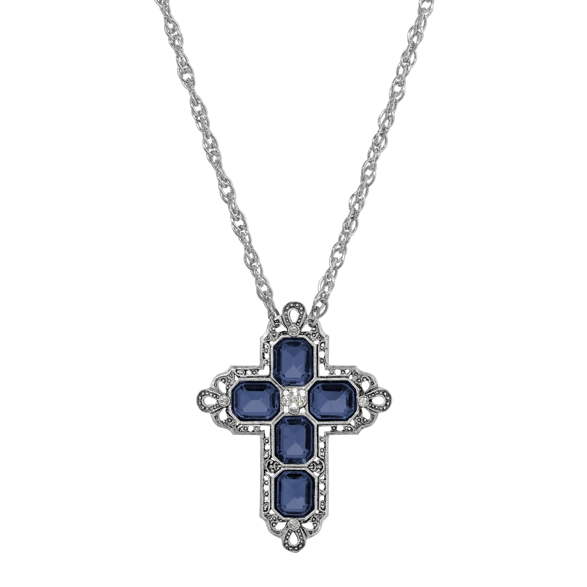 Silver cross necklace with blue crystals on a white background