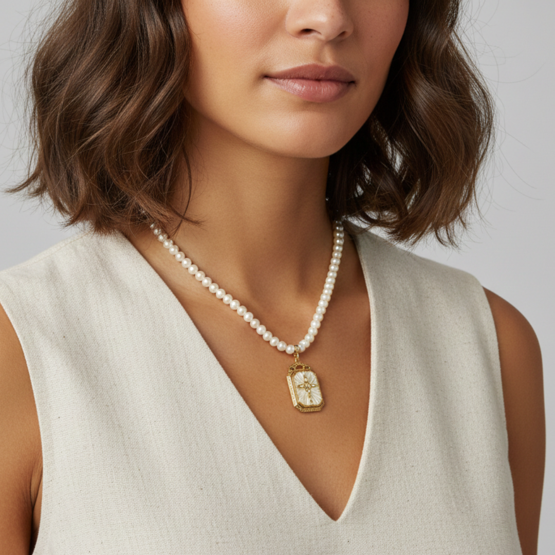 Woman wearing a pearl necklace with a gold pendant against a neutral background