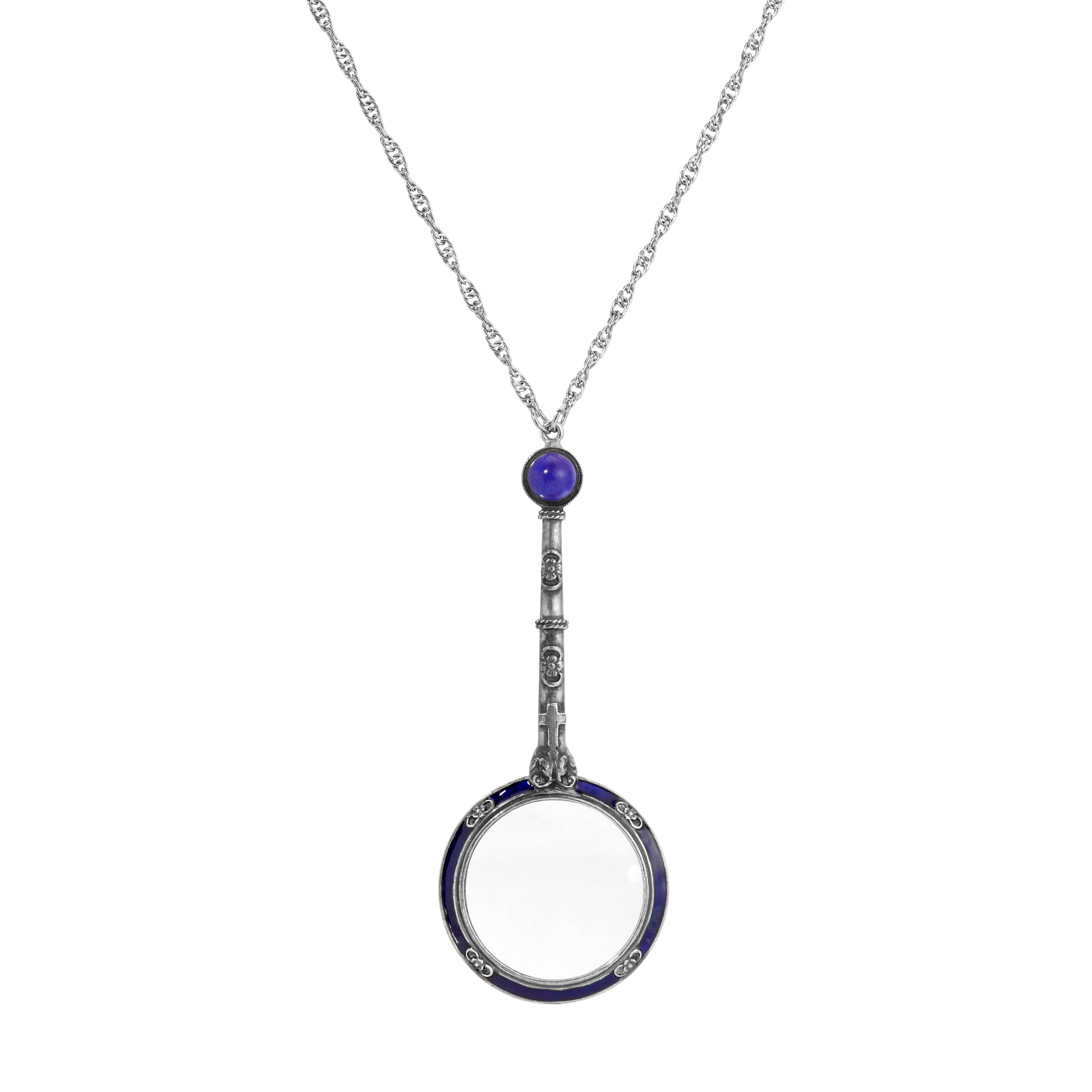 Antiqued Pewter & Blue Enameled Cross Etched Magnifying Glass Pendant Necklace 28" - Magnification Power: 2X
