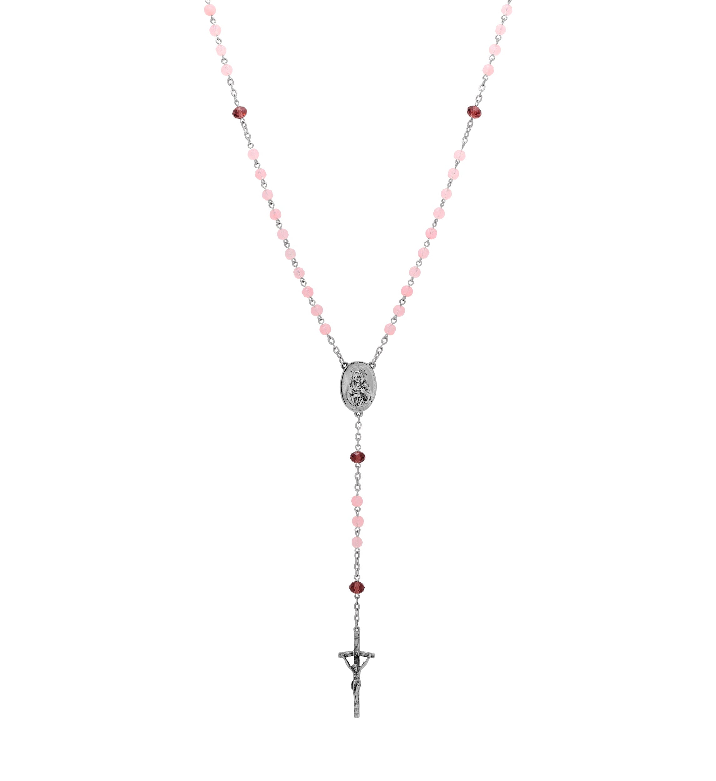 Symbols Of Faith Lady Of Guadalupe & Crucifix Amethyst & Pink Rose Crystal Beaded Rosary