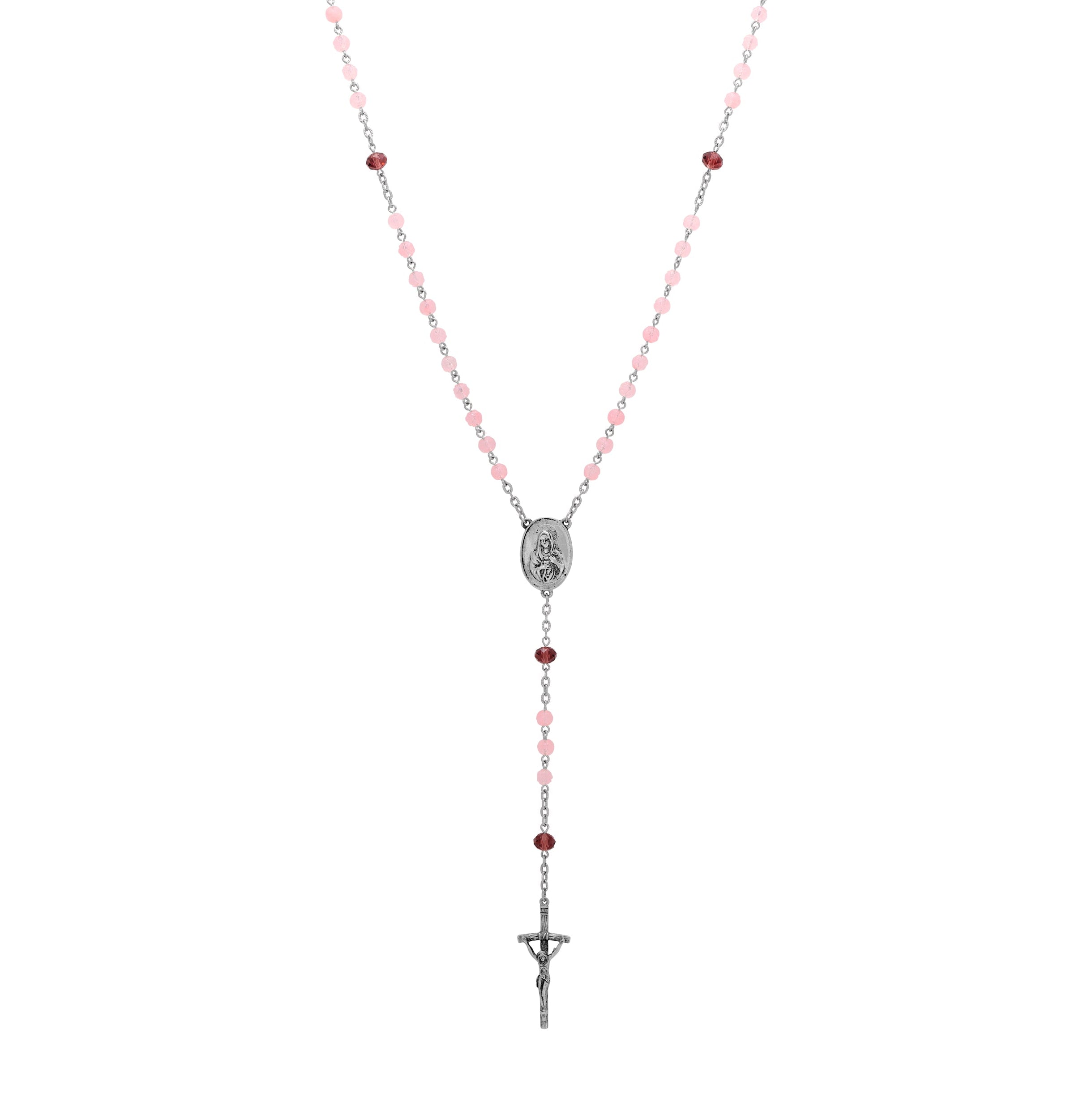 Symbols Of Faith Lady Of Guadalupe & Crucifix Amethyst & Pink Rose Crystal Beaded Rosary