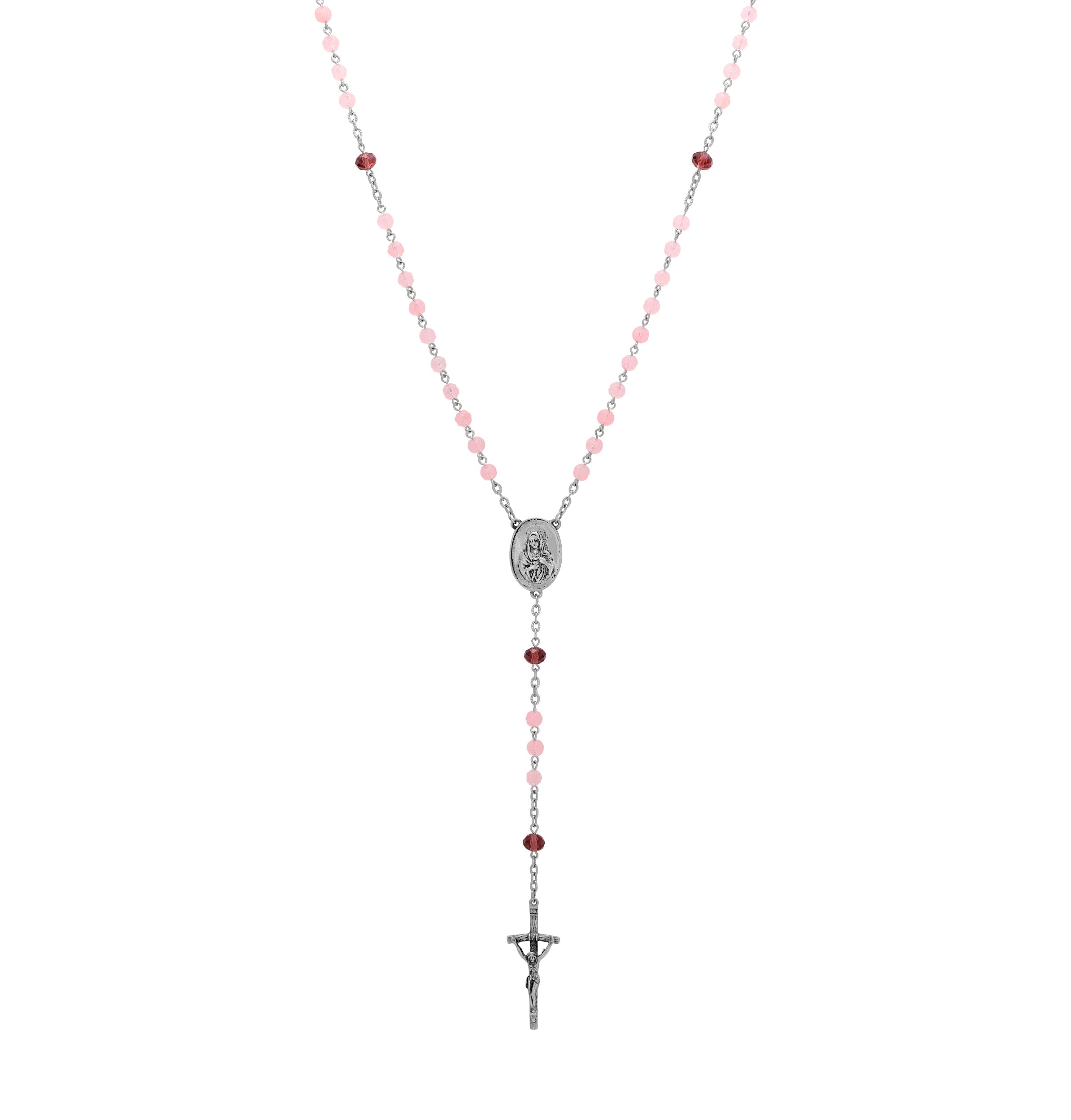 Symbols Of Faith Lady Of Guadalupe & Crucifix Amethyst & Pink Rose Crystal Beaded Rosary