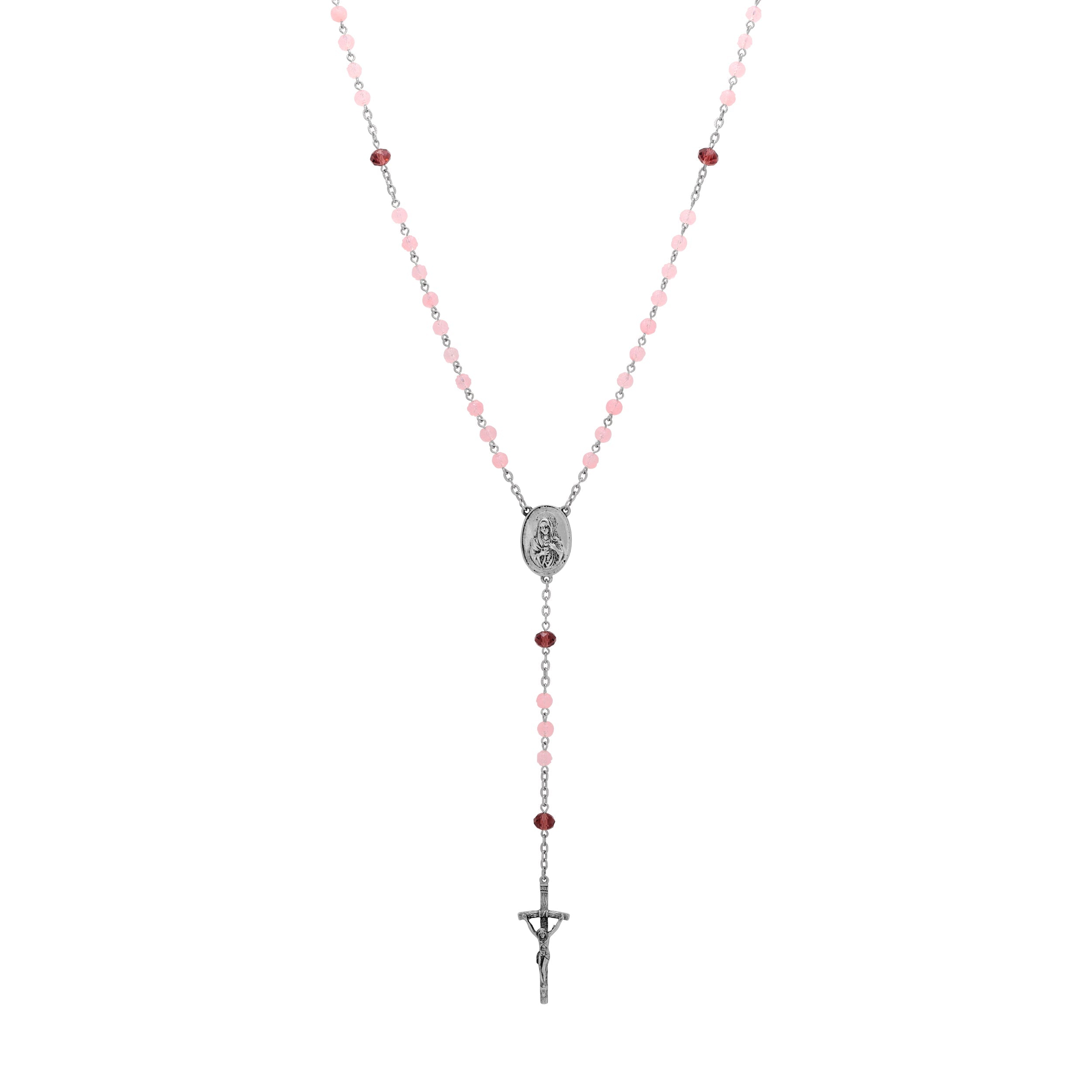 Symbols Of Faith Lady Of Guadalupe & Crucifix Amethyst & Pink Rose Crystal Beaded Rosary