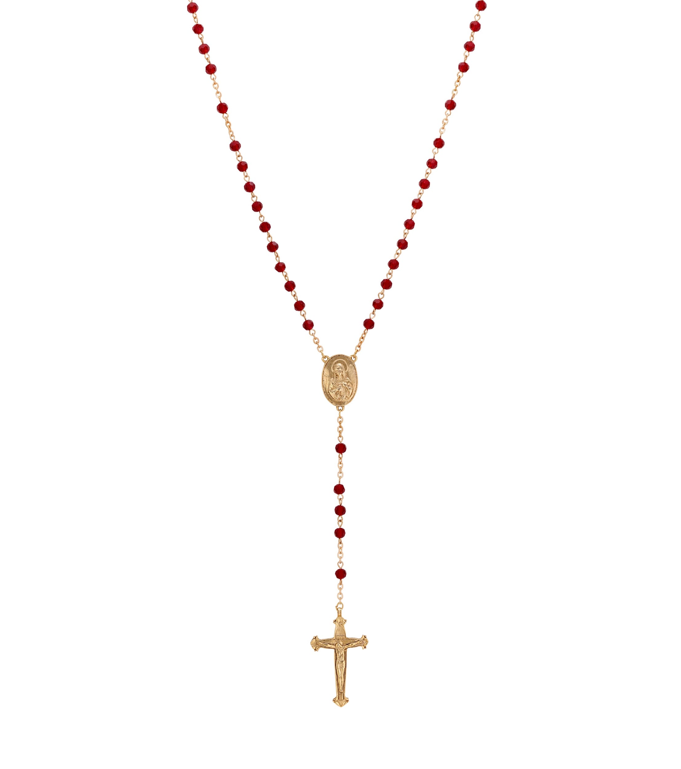 Symbols Of Faith Lady Of Guadalupe & Crucifix Siam Red Crystal Beaded Rosary