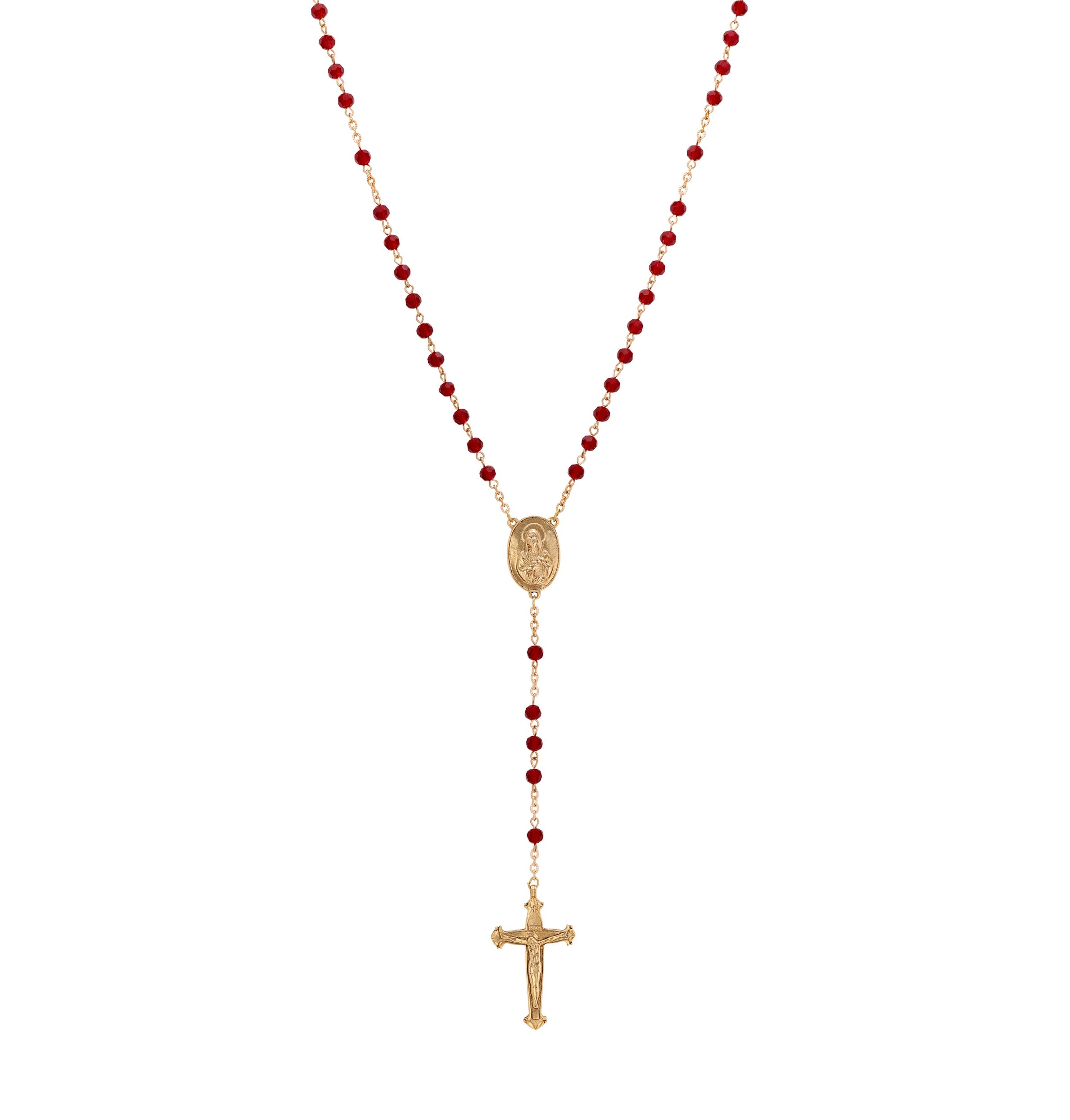 Symbols Of Faith Lady Of Guadalupe & Crucifix Siam Red Crystal Beaded Rosary