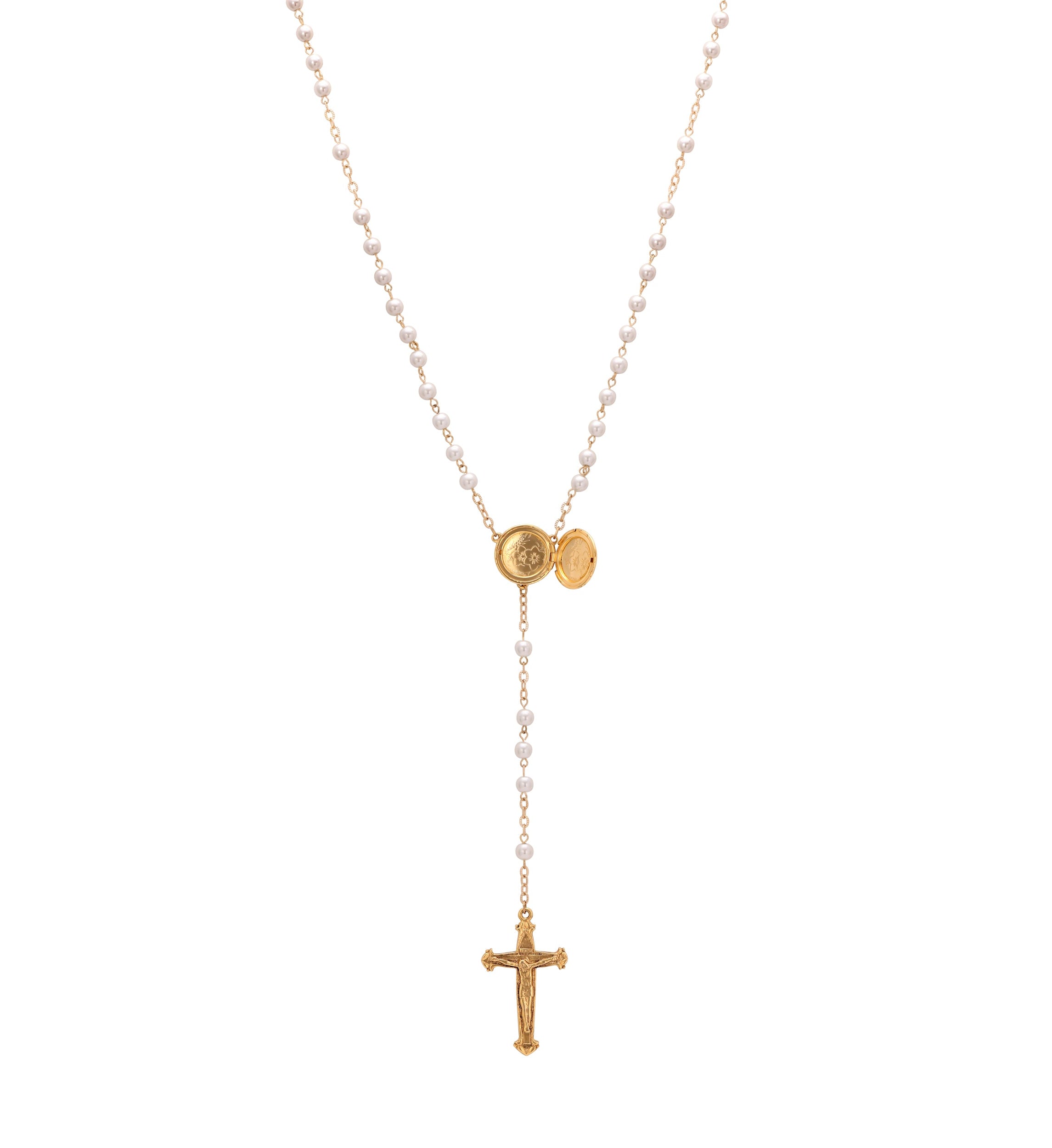 Symbols Of Faith Mary Locket & Crucifix Round White Glass Faux Pearl Rosary