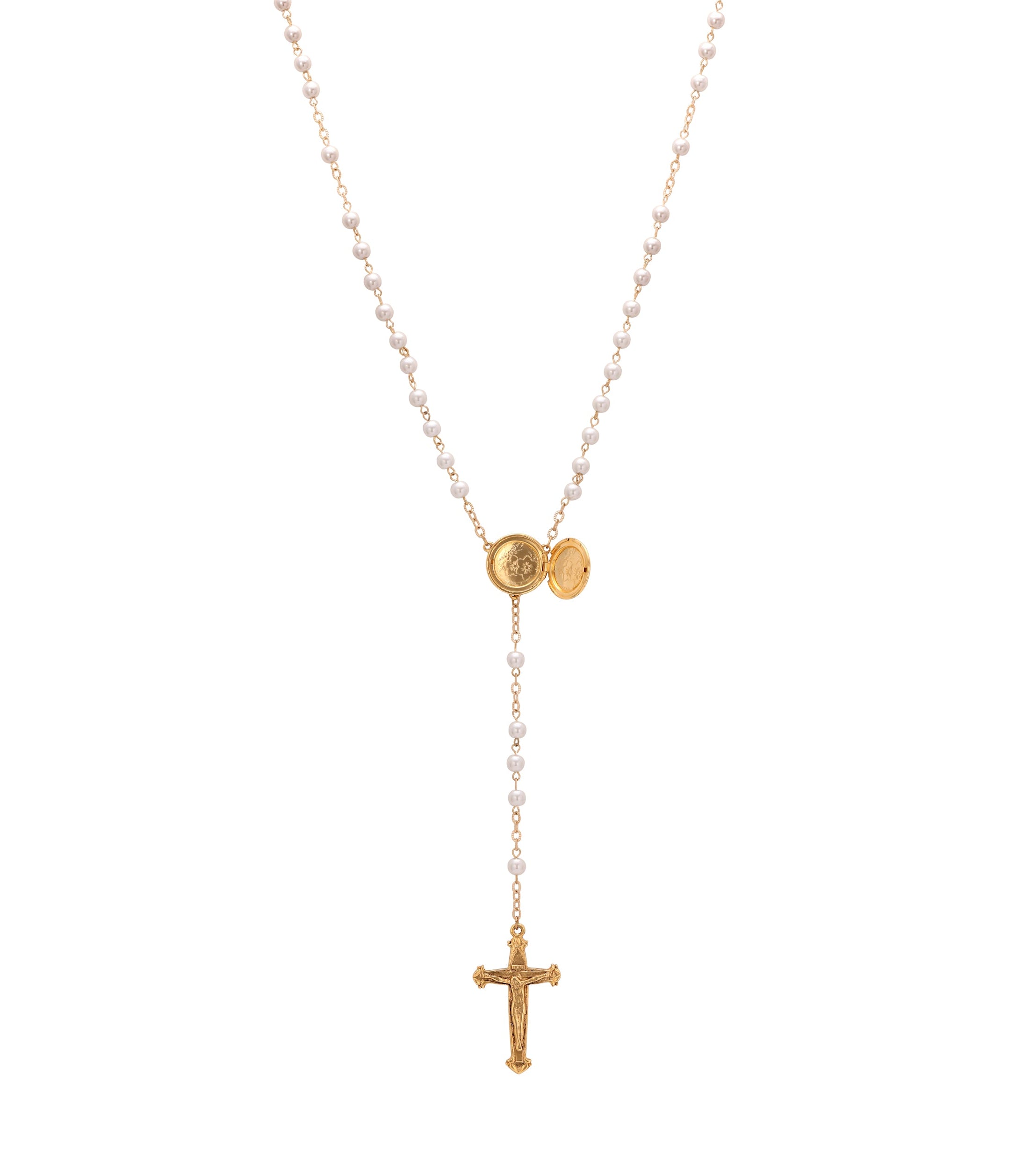 Symbols Of Faith Mary Locket & Crucifix Round White Glass Faux Pearl Rosary