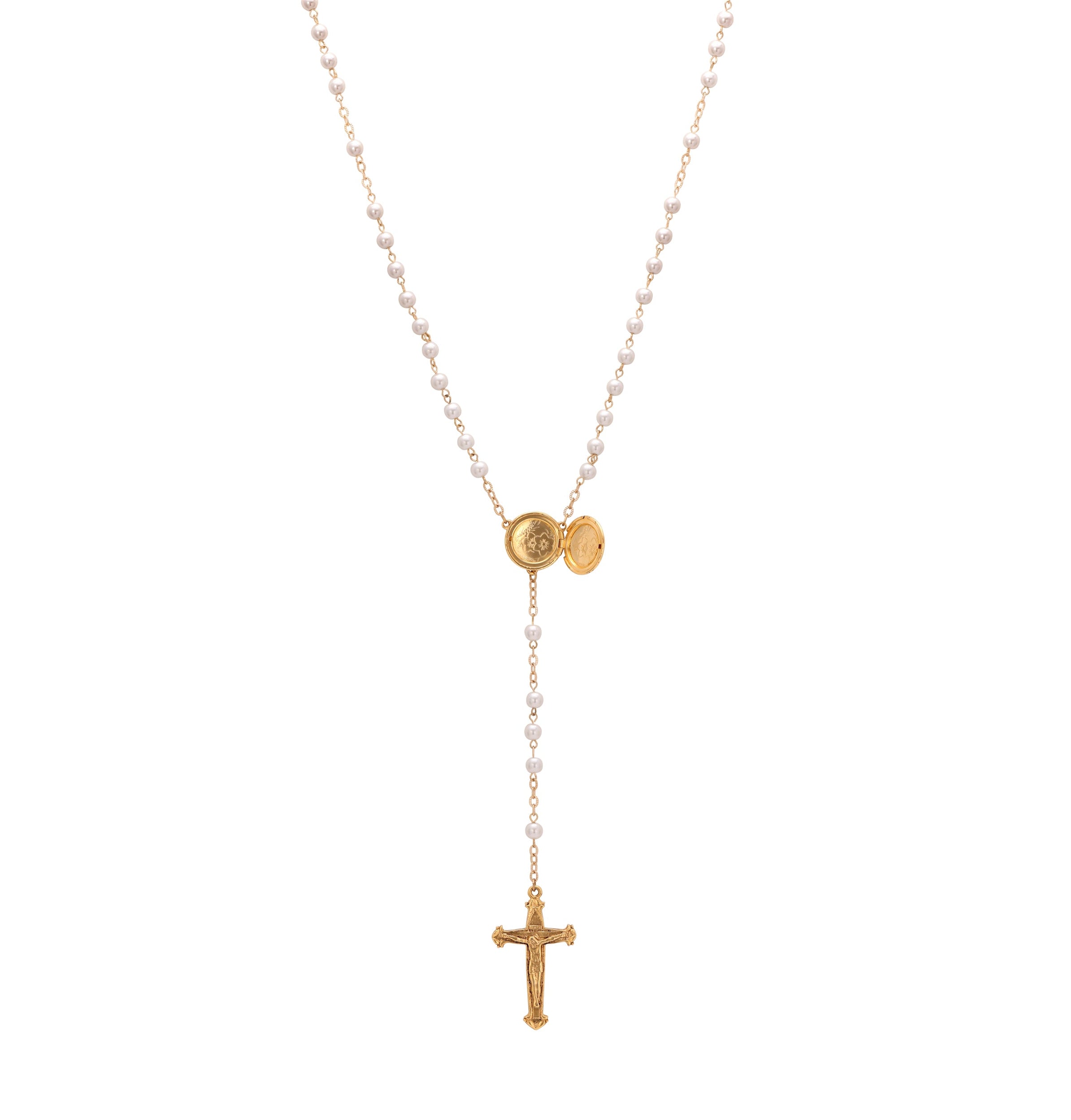 Symbols Of Faith Mary Locket & Crucifix Round White Glass Faux Pearl Rosary