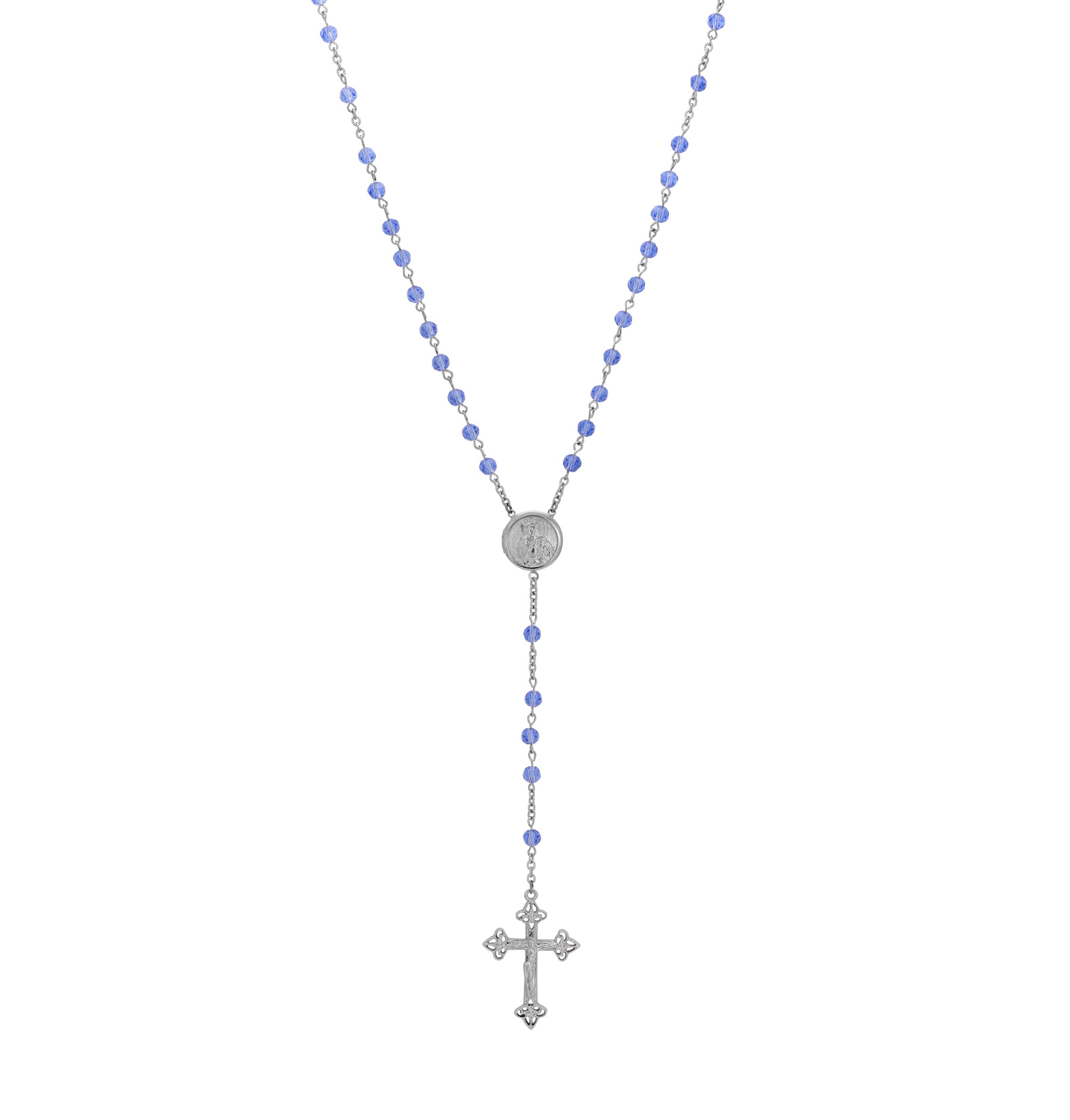 Symbols Of Faith Madonna and Child Round Locket Crucifix Light Sapphire Blue Rosary