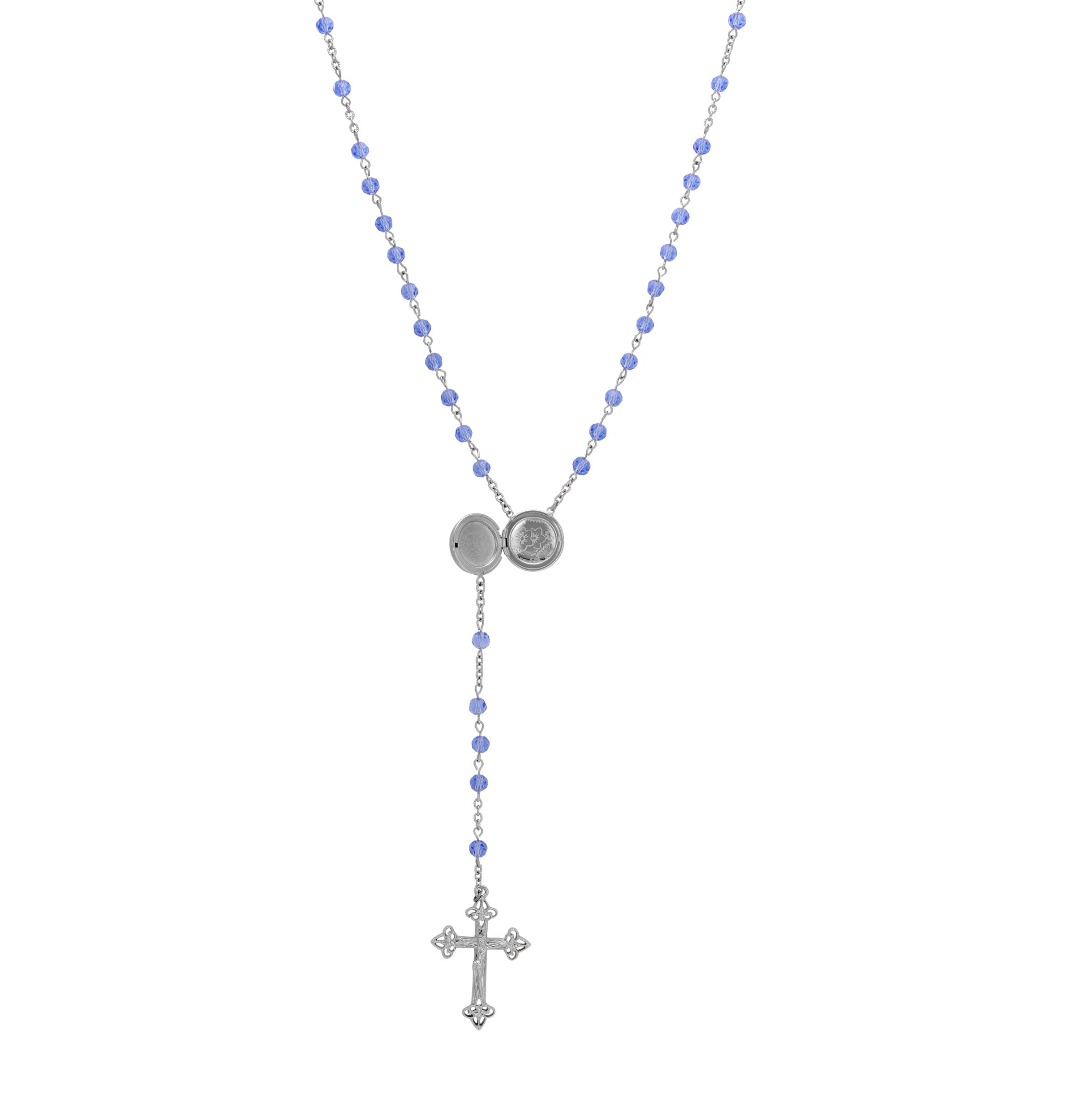 Symbols Of Faith Madonna and Child Round Locket Crucifix Light Sapphire Blue Rosary