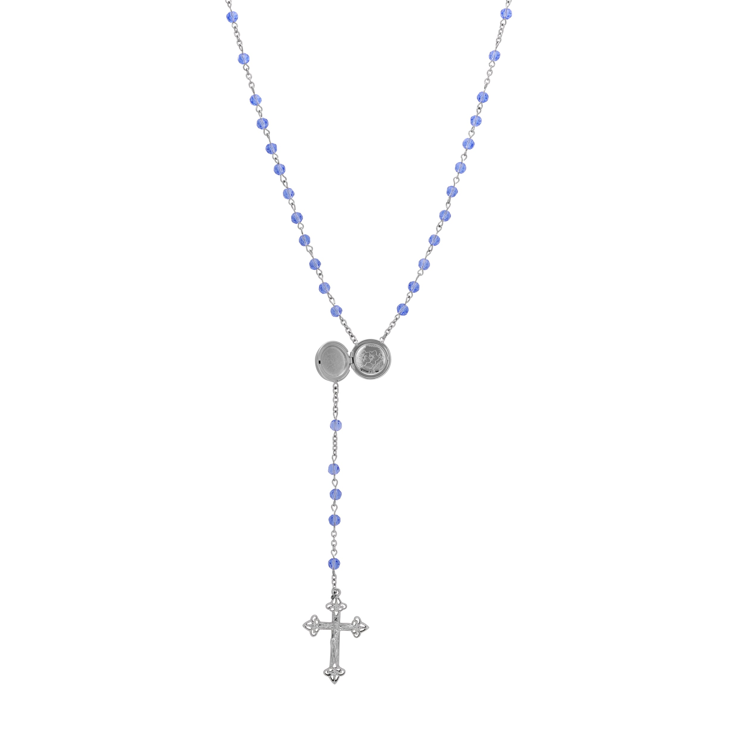 Symbols Of Faith Madonna and Child Round Locket Crucifix Light Sapphire Blue Rosary