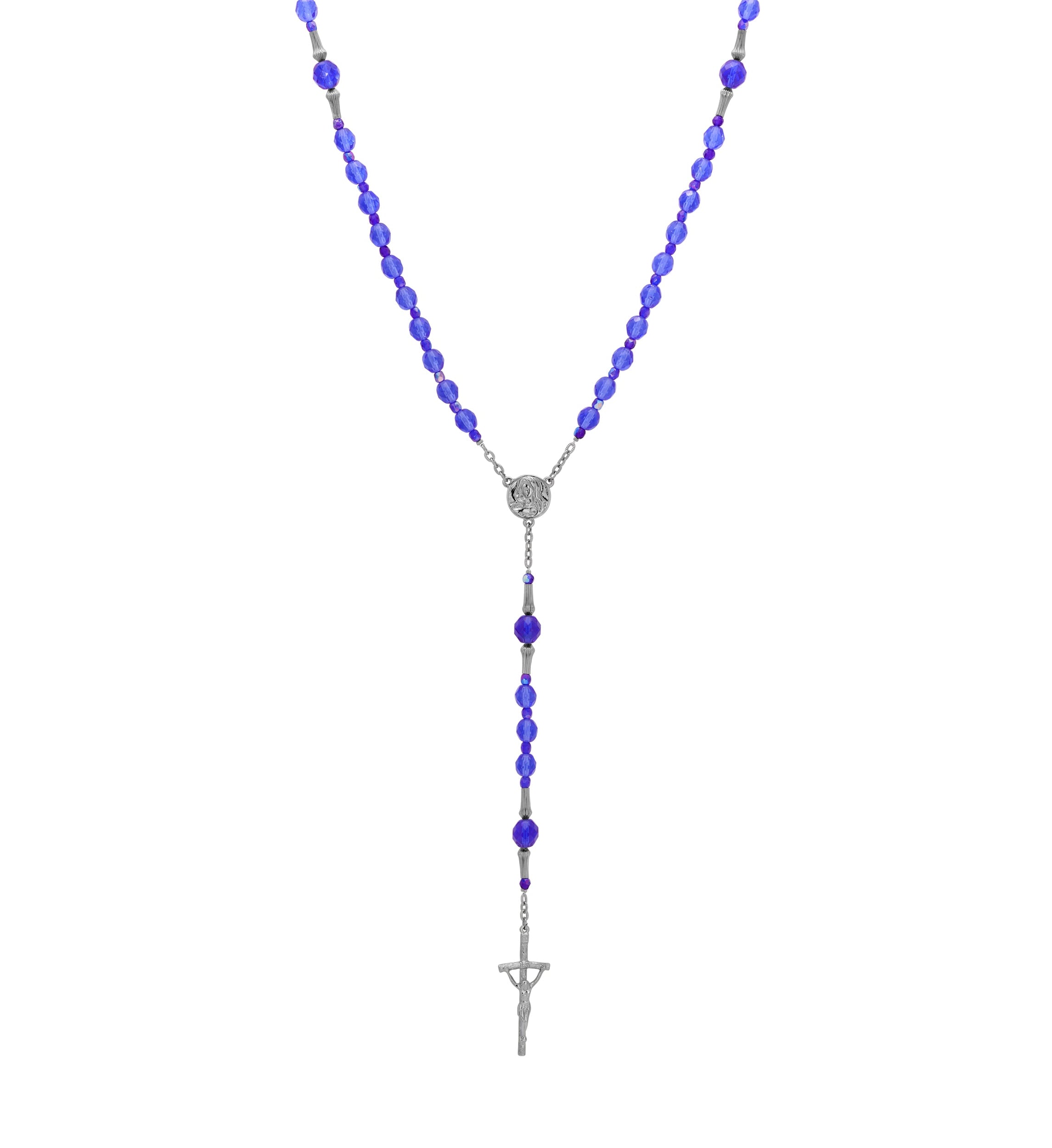 Symbols Of Faith Mary & Crucifix Sapphire Blue Glass Beaded Rosary
