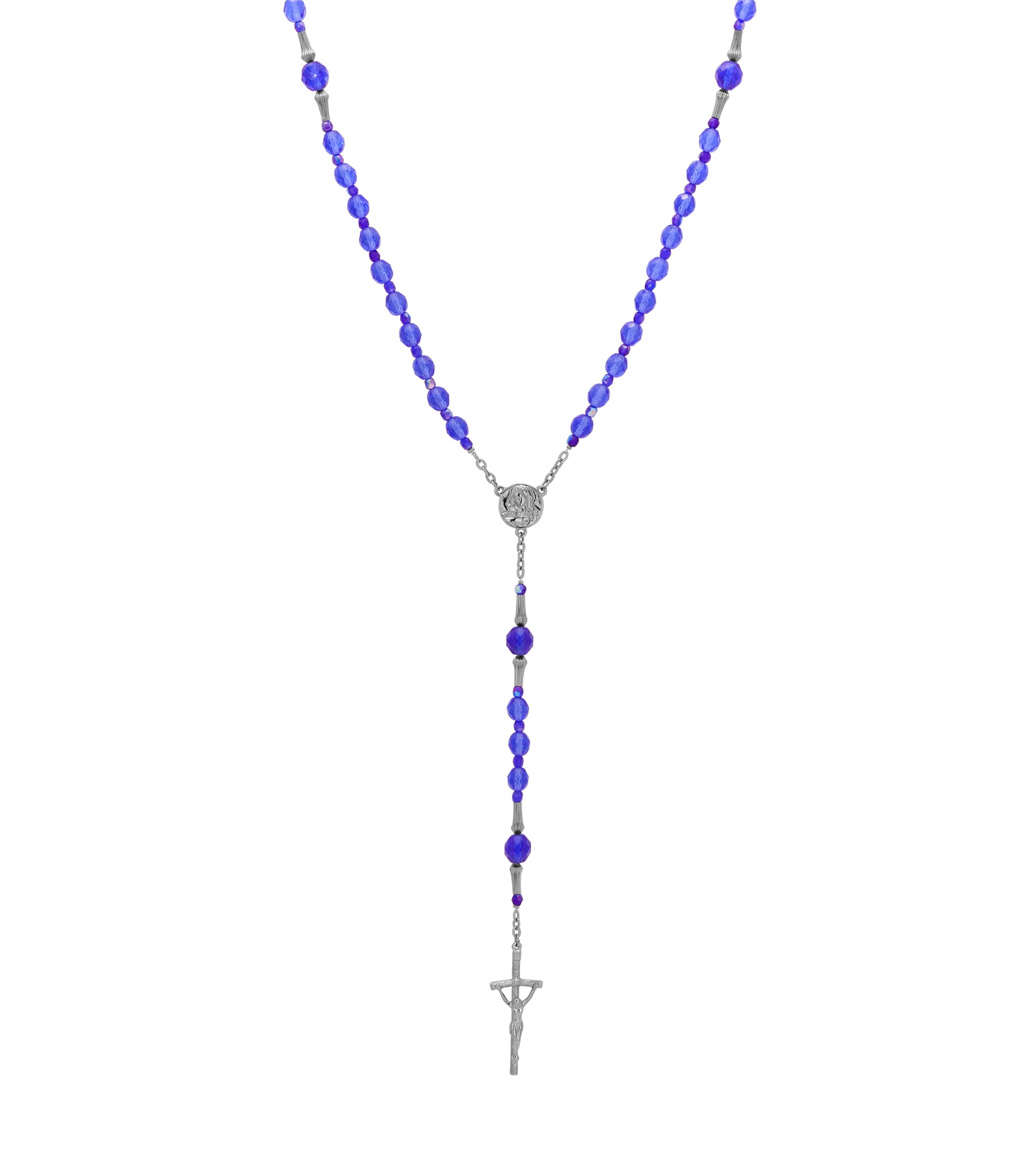 Symbols Of Faith Mary & Crucifix Sapphire Blue Glass Beaded Rosary