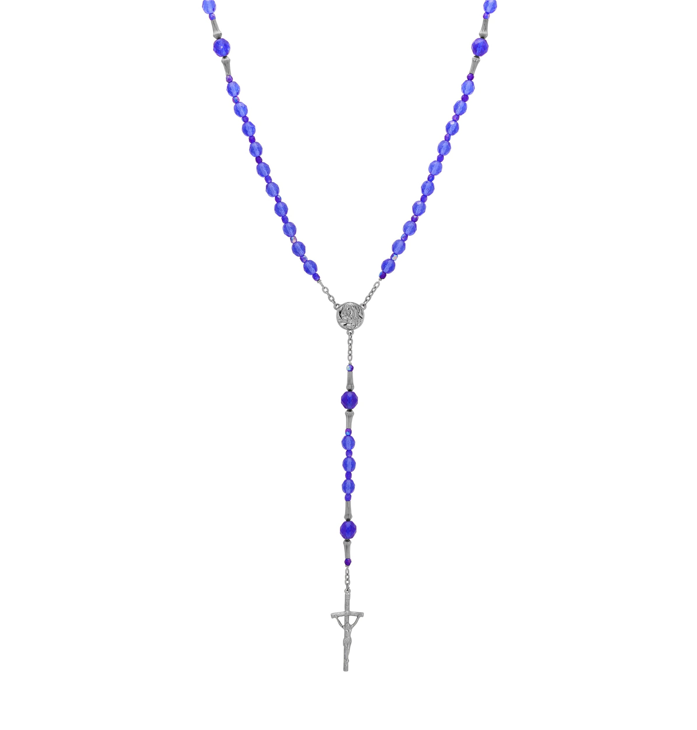 Symbols Of Faith Mary & Crucifix Sapphire Blue Glass Beaded Rosary