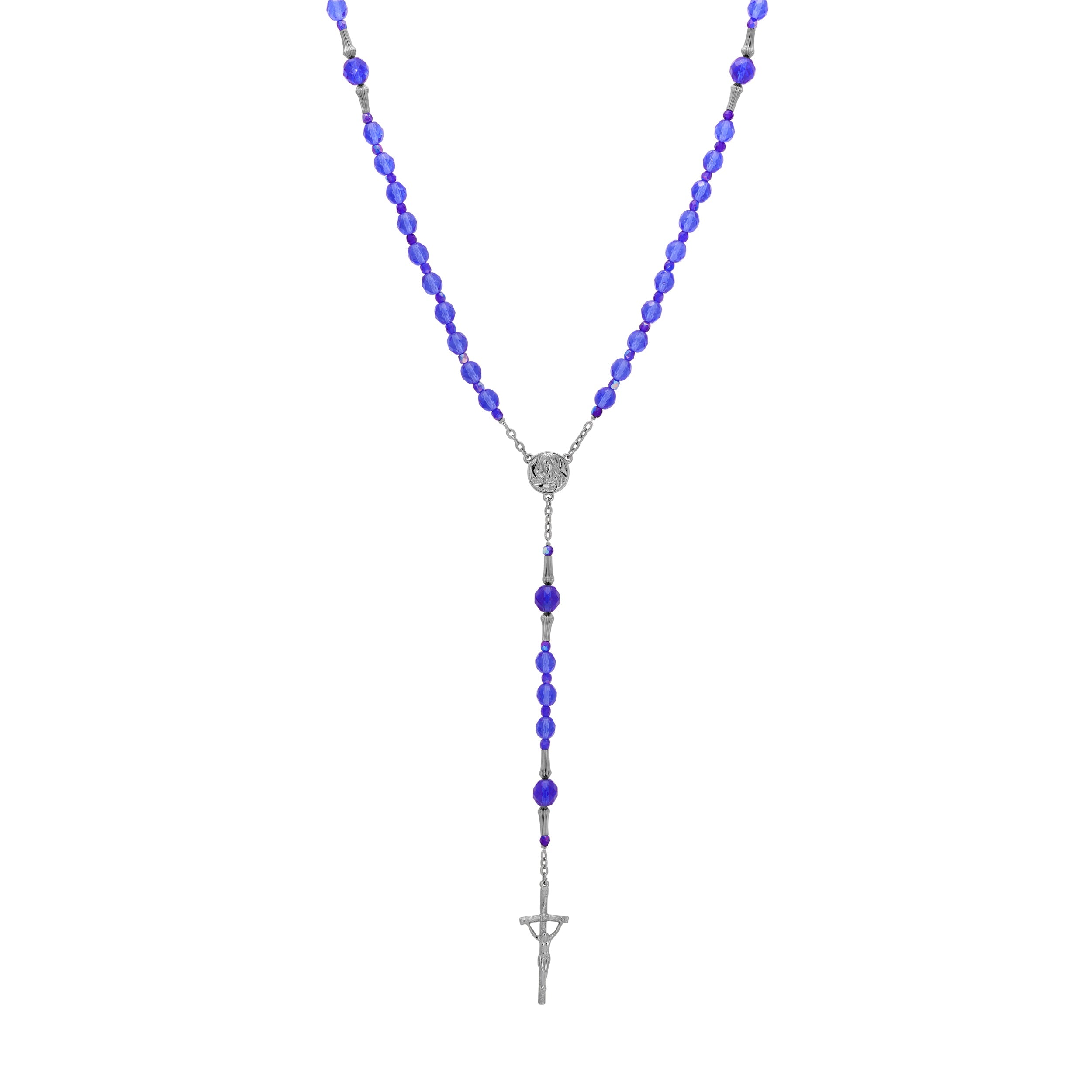 Symbols Of Faith Mary & Crucifix Sapphire Blue Glass Beaded Rosary
