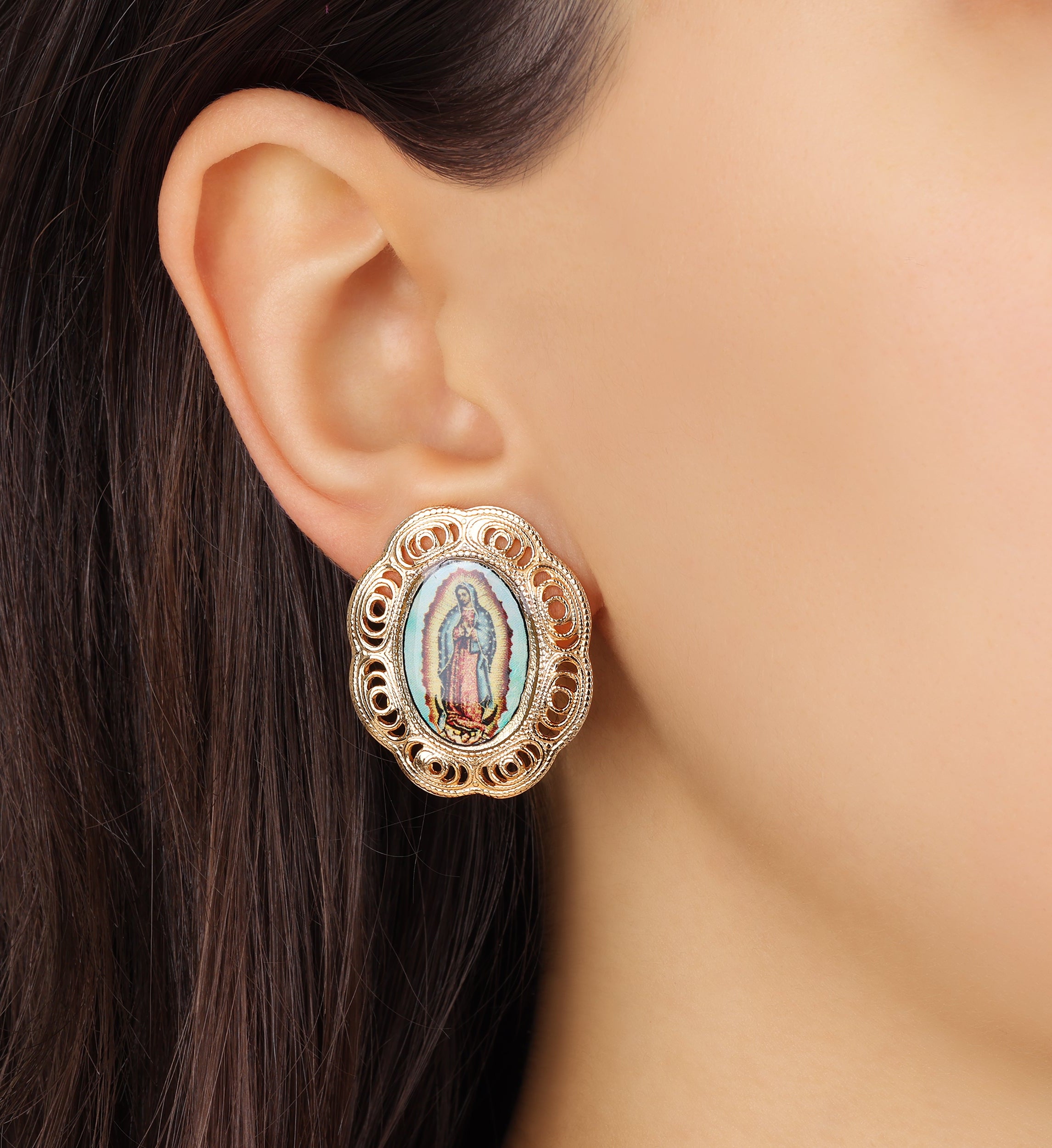 Symbols Of Faith Our Lady Of Guadalupe Gold Clip On Earrings