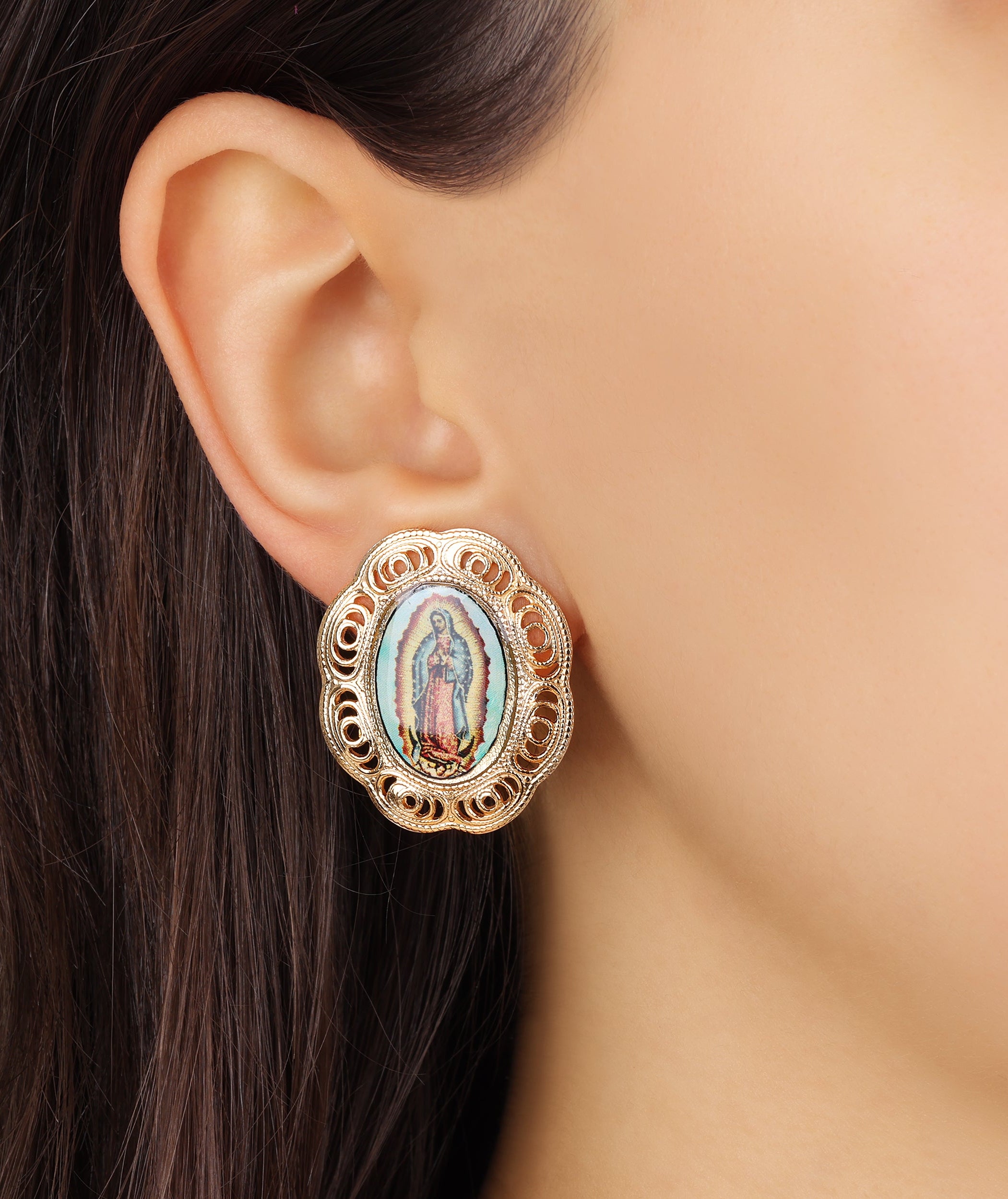 Symbols Of Faith Our Lady Of Guadalupe Gold Clip On Earrings