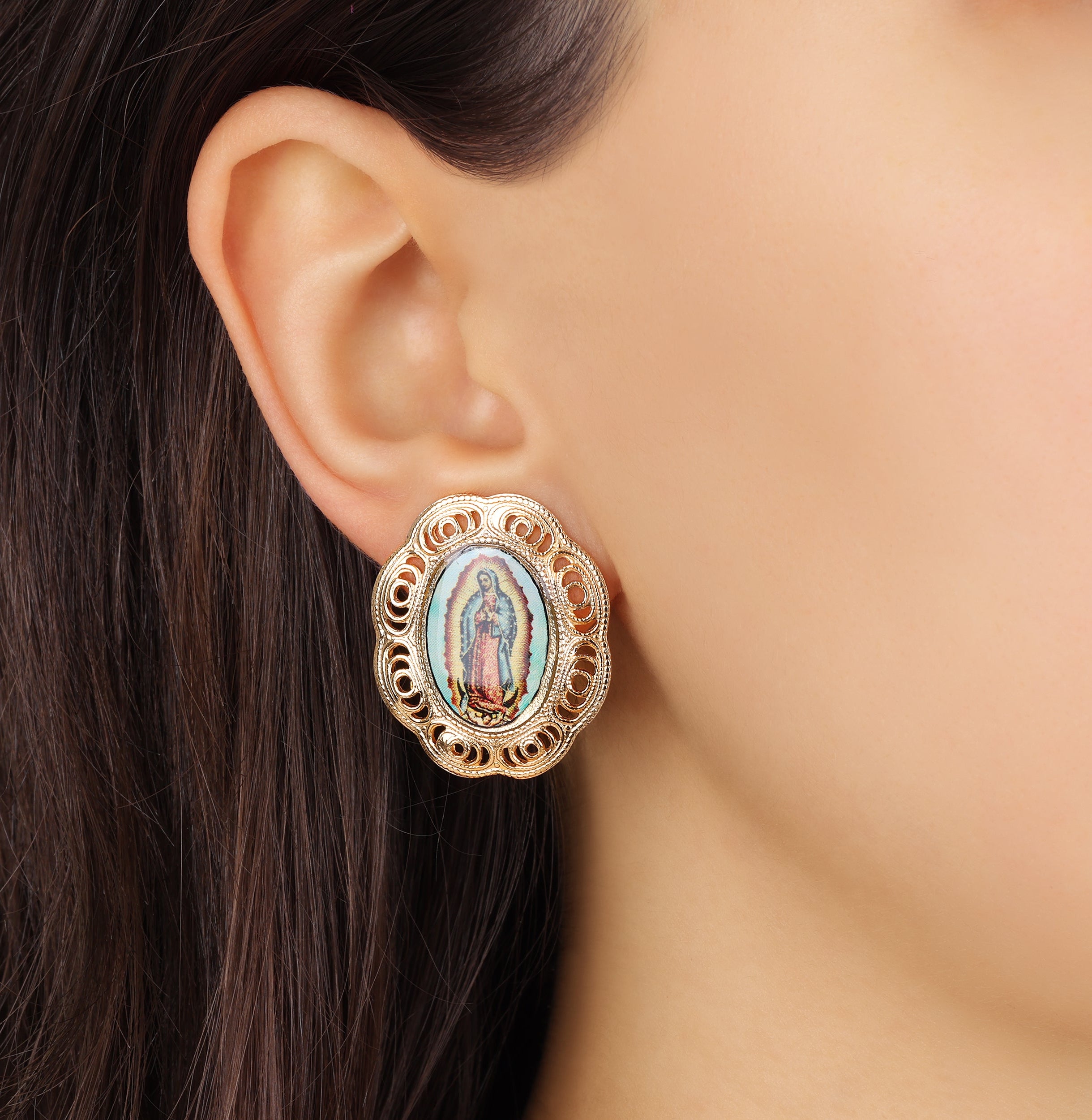 Symbols Of Faith Our Lady Of Guadalupe Gold Clip On Earrings