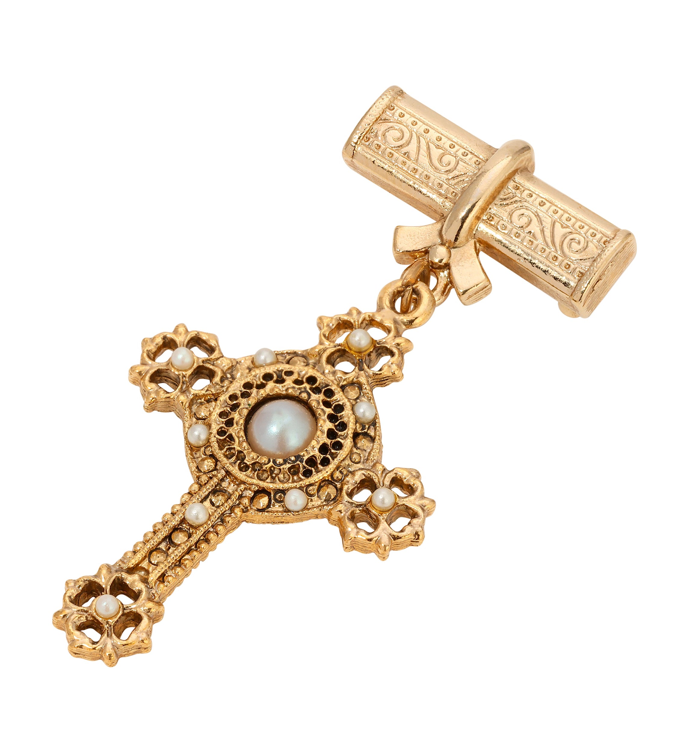 Symbols Of Faith Faux Pearl Cross Gold Bar Pin
