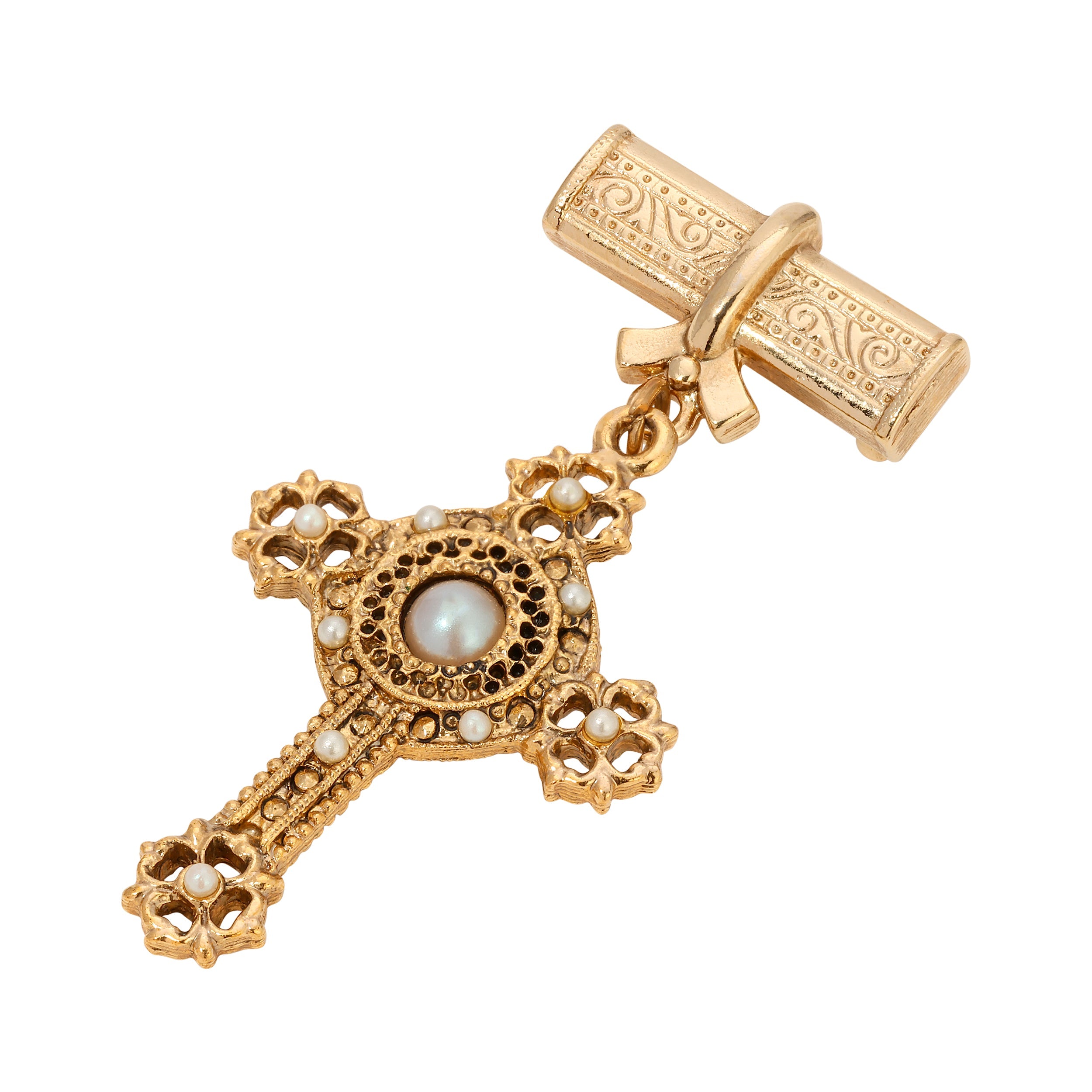 Symbols Of Faith Faux Pearl Cross Gold Bar Pin