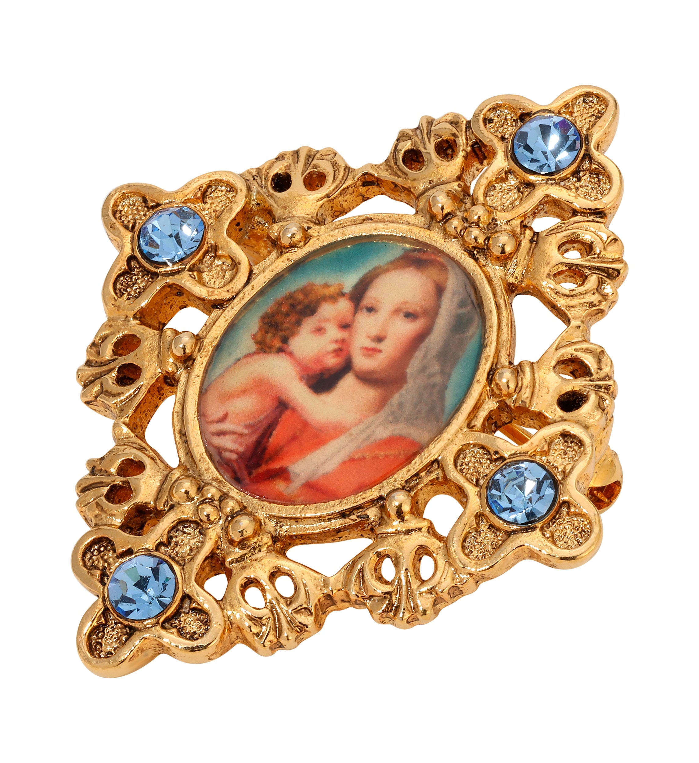 Symbols Of Faith Madonna and Child Light Sapphire Crystal Gold Pin