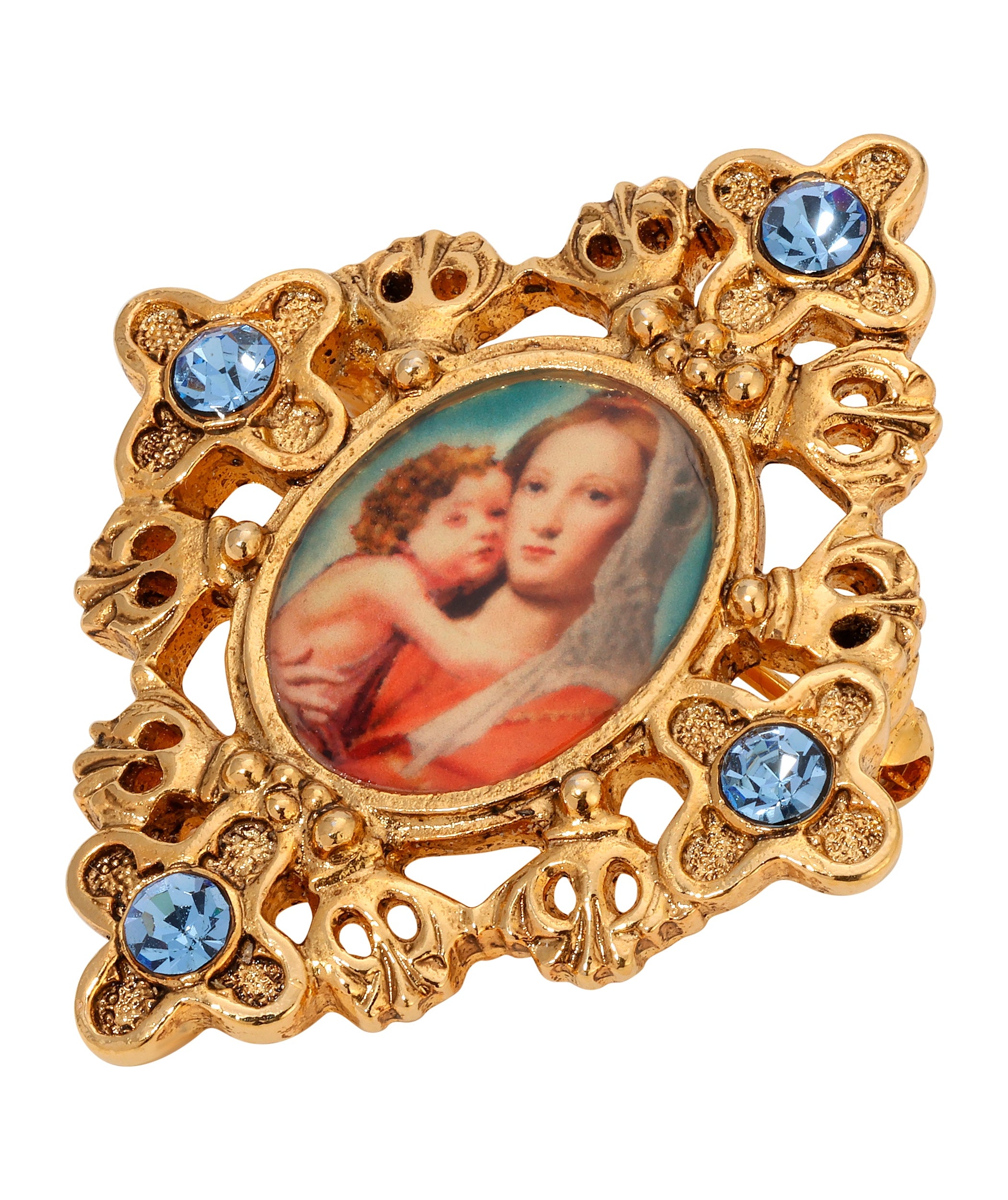 Symbols Of Faith Madonna and Child Light Sapphire Crystal Gold Pin