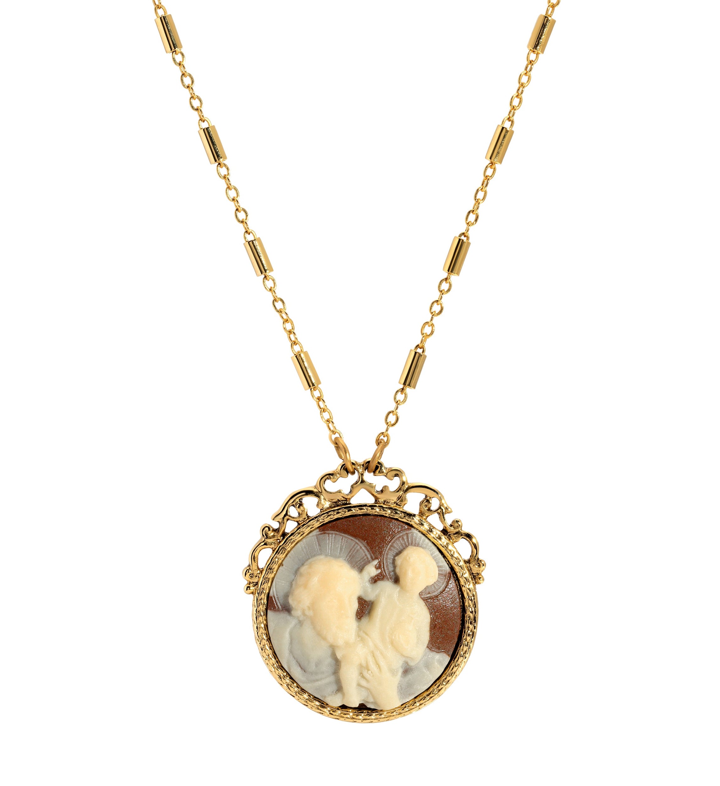 Symbols Of Faith Brown & Ivory St. Christopher & Christ Child Cameo Pendant Necklace 26"