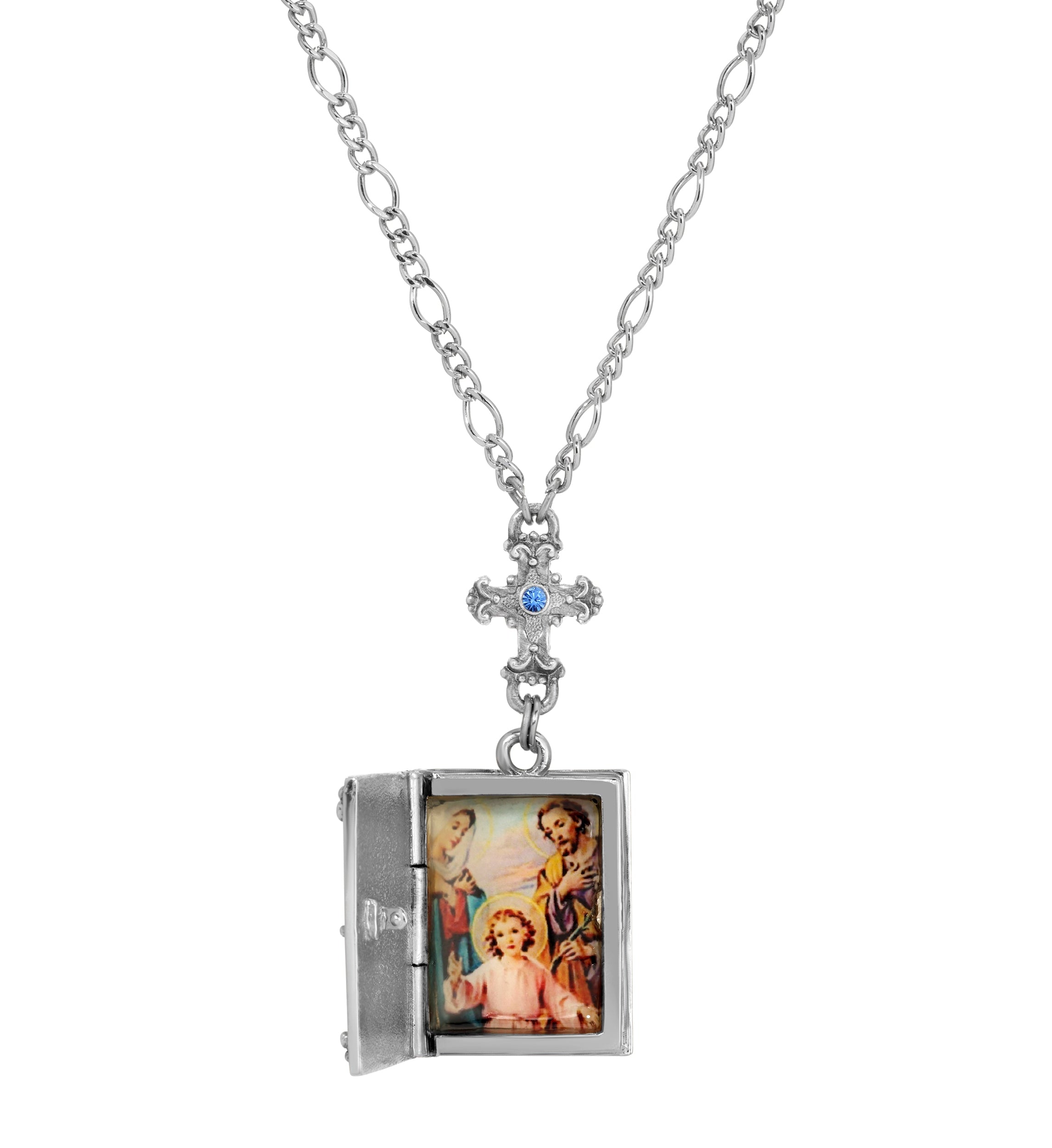 Symbols Of Faith Sapphire Crystal Cross & Holy Bible Pendant Locket Holy Family Necklace 28"